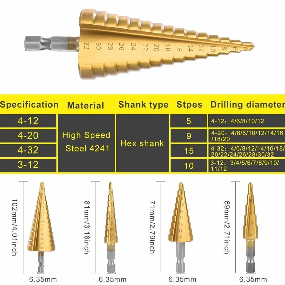 Wiercenie wiertła stopniowe HSS wiertło stopniowe do metalu drewno wiertło stożkowe wiertło stożkowe narzędzia do obróbki drewna (kolor: 1 szt. 4 32mm, kształt trzpienia: sześciokątny) (rozmiar (4 1