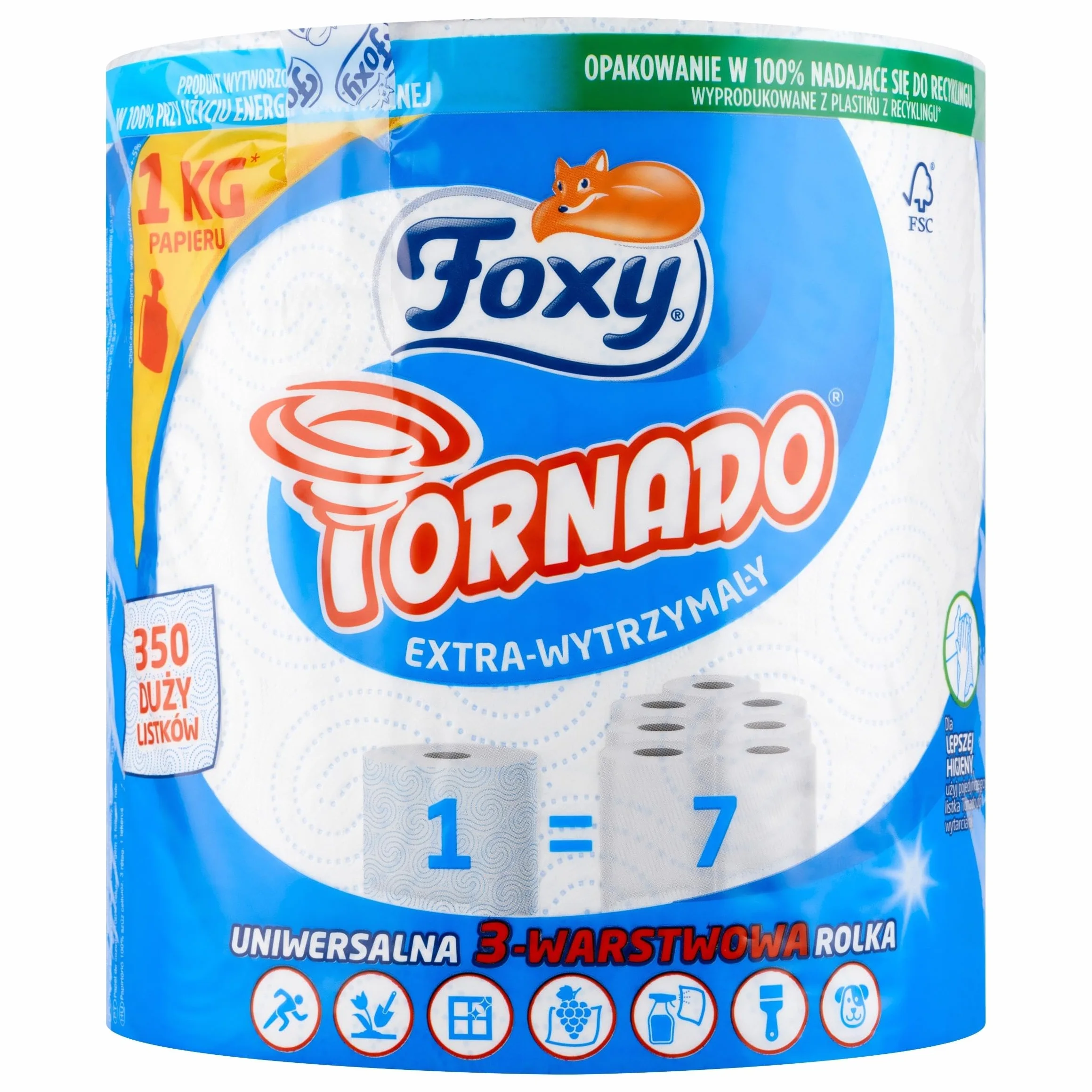 Foxy Tornado, Ręcznik Papierowy, 1 szt., 3-warstwowy, Chłonny i Ekologiczny, Do Prac Domowych i Kontaktu z Żywnością, Mocny
