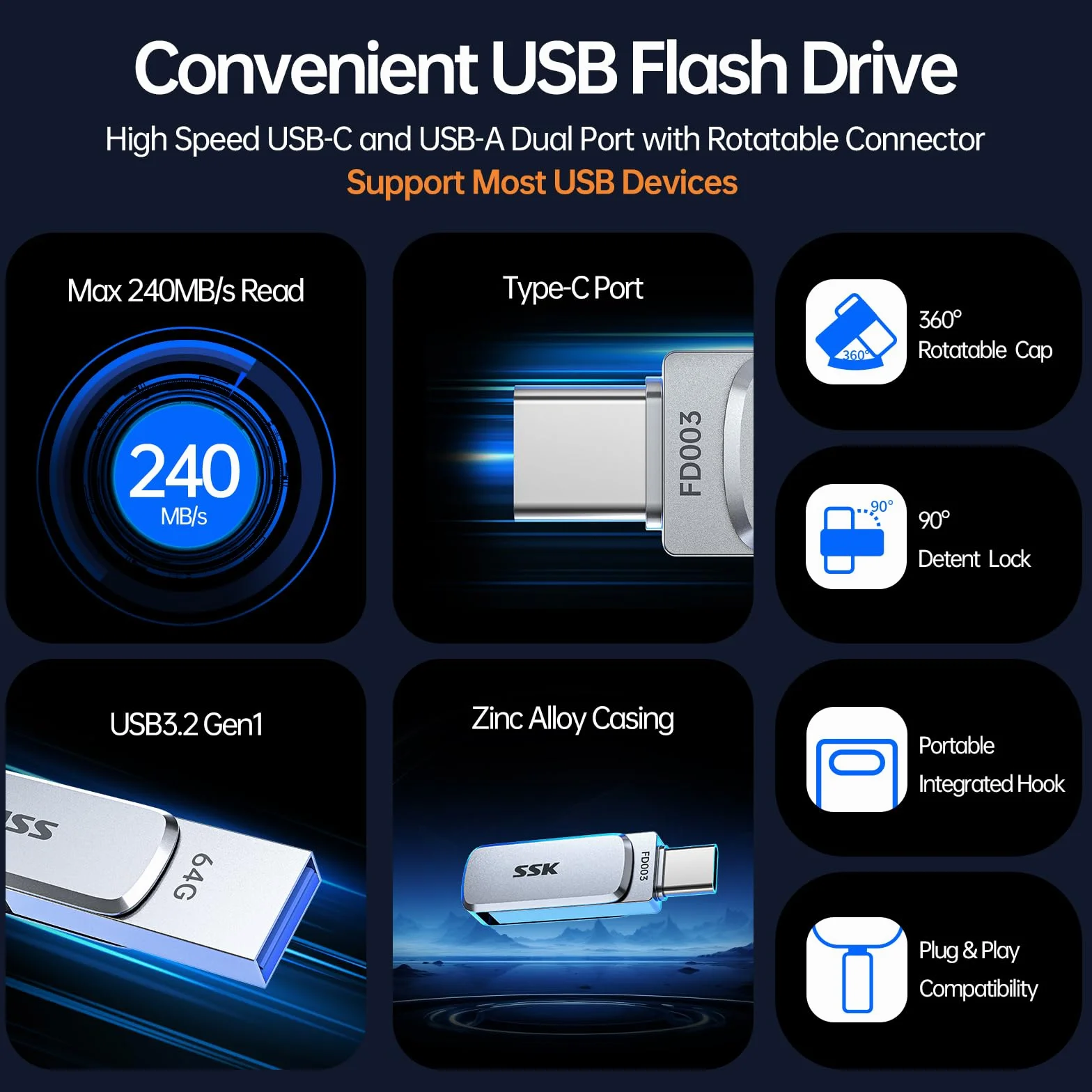 SSK Pamięć USB C 64 GB do 240 MB/s, Dual Memory Stick USB 3.2 Typ-C i USB-A, pamięć flash Drive do iPhone 15/16Pro/Win / Android z wodą, kurzem i ochroną przed upadkiem