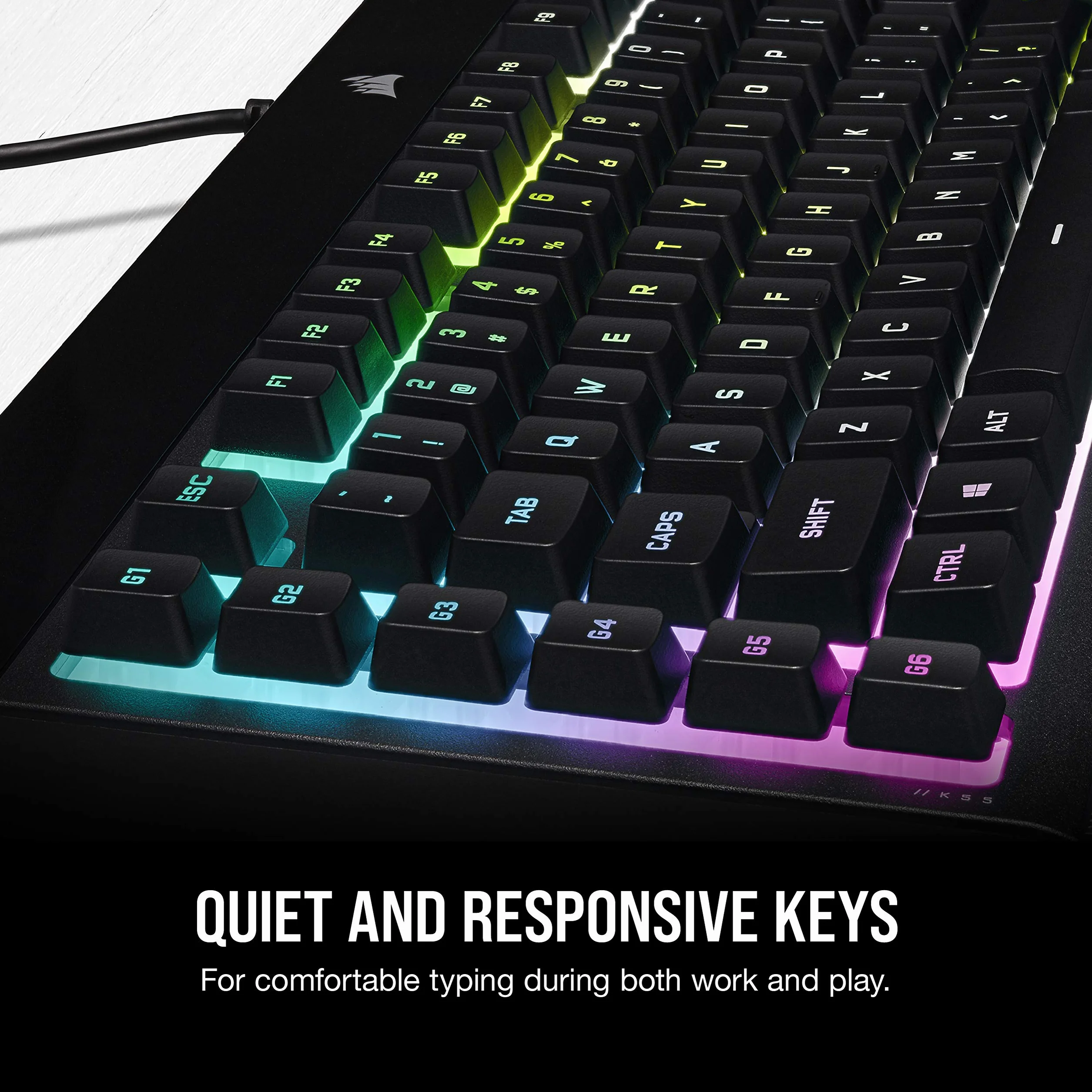 CORSAIR K55 RGB PRO XT przewodowa klawiatura do gier, IP42, odporna na kurz i zalanie, 6 klawiszy makro z integracją Elgato, kompatybilna z iCUE, QWERTY UK, PC, Mac, Xbox, czarna