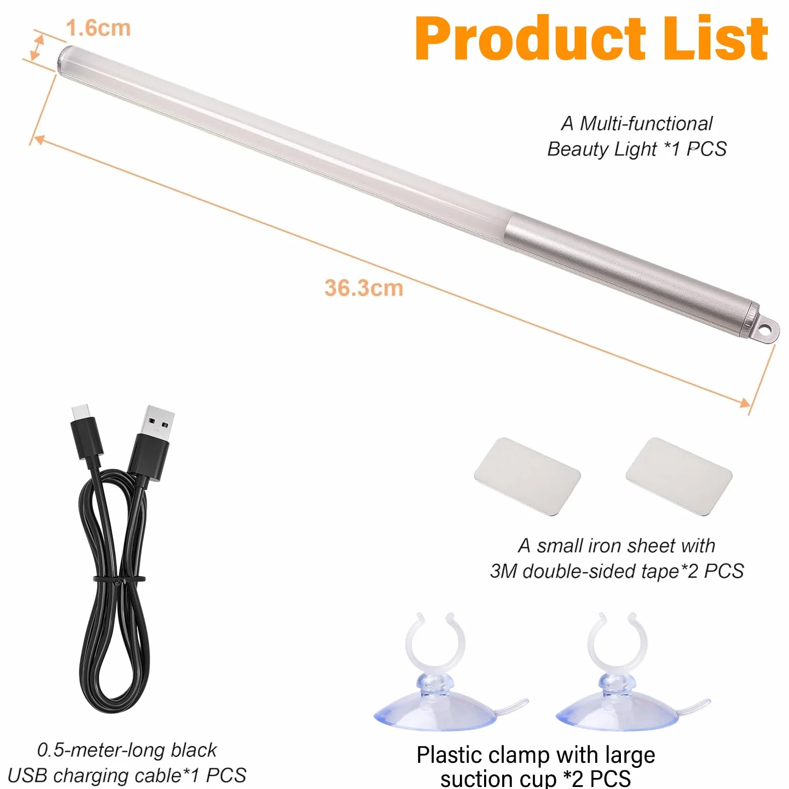 Przenośna lampa do makijażu LED 36 cm z przyssawką: 3 tryby i 10 poziomów jasności, kabel USB do ładowania w zestawie, idealna do sypialni, łazienki, garderoby lub szafy.
