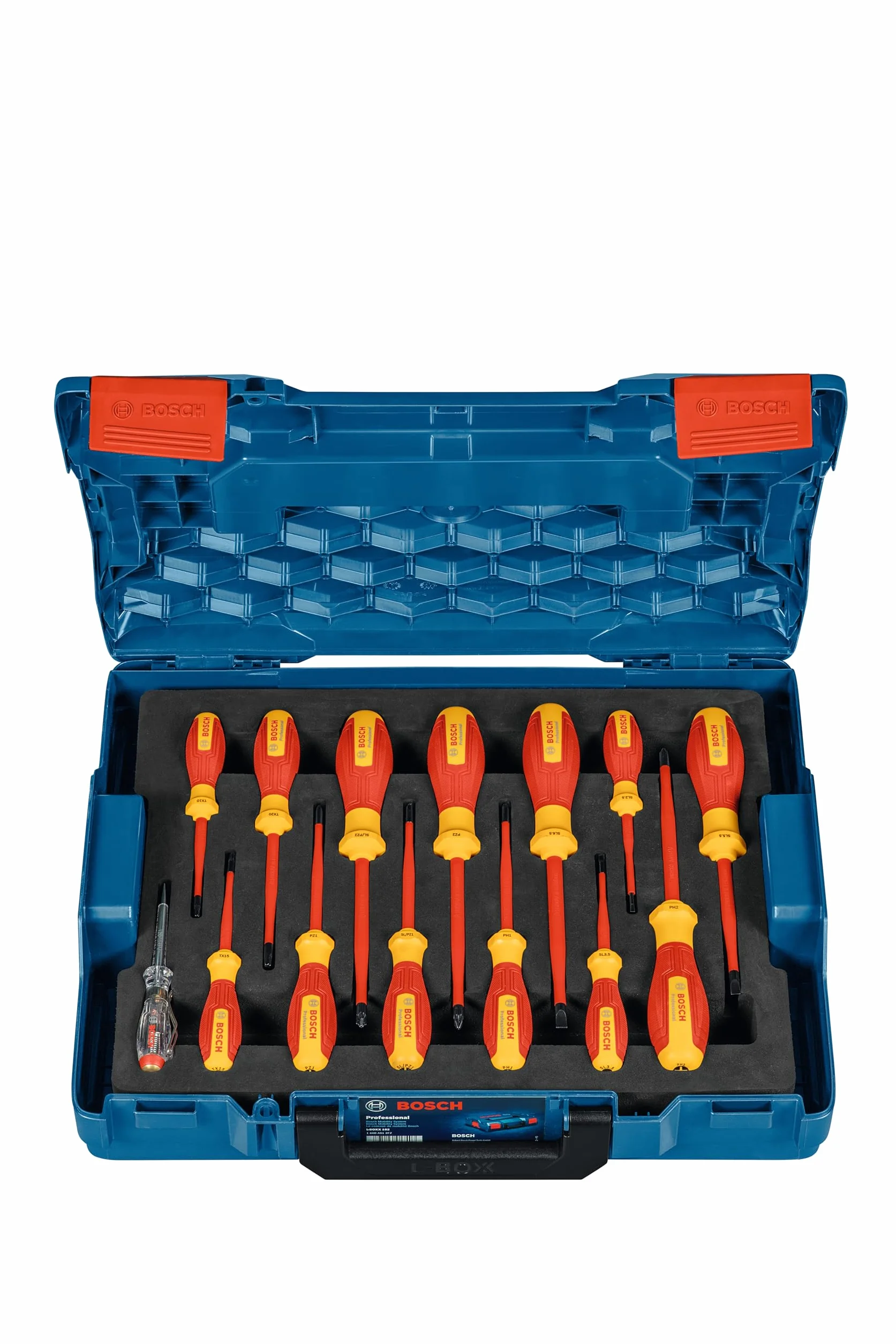 Bosch Professional: mieszany zestaw wkrętaków VDE (z jednobiegunowym próbnikiem fazowym – 14 szt., walizka L-BOXX)