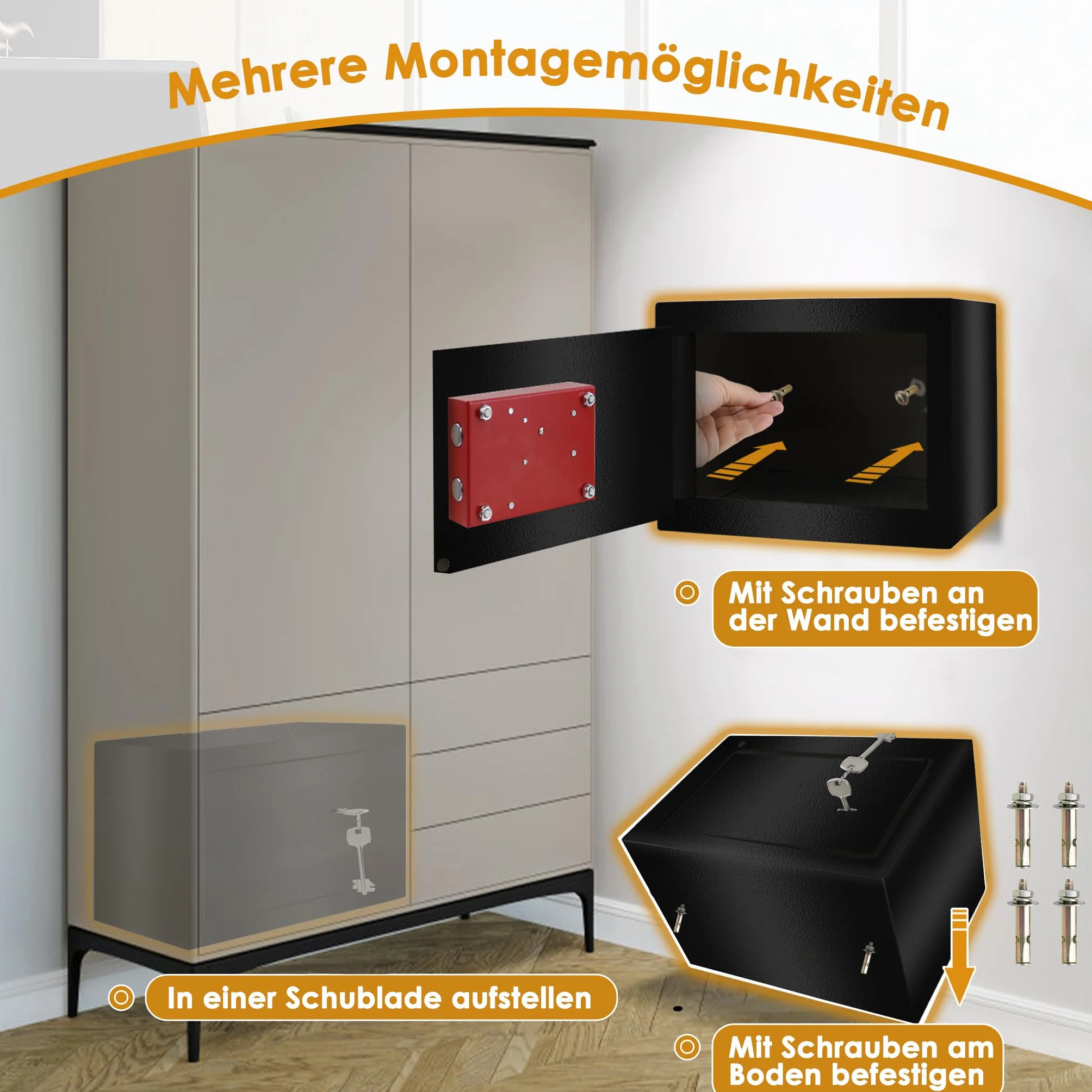 UISEBRT Sejf meblowy z zamkiem dwubrodowym – sejf na klucze, zamykana, na pieniądze, do domu, biura, hotelu, 31 x 20 x 20 cm, czarny