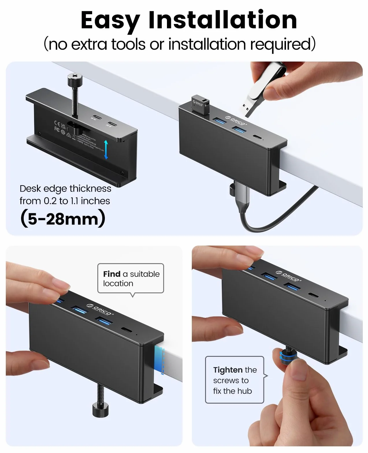ORICO hub USB, aluminiowy hub USB 3.0 z mocowaniem 5V, 5Gbps 4-portowy rozdzielacz USB z 3 portami Typ-A 3.0 i 1 portem Typ-C 3.0, kabel 100 cm (C na A/C), do monitorów, biurek