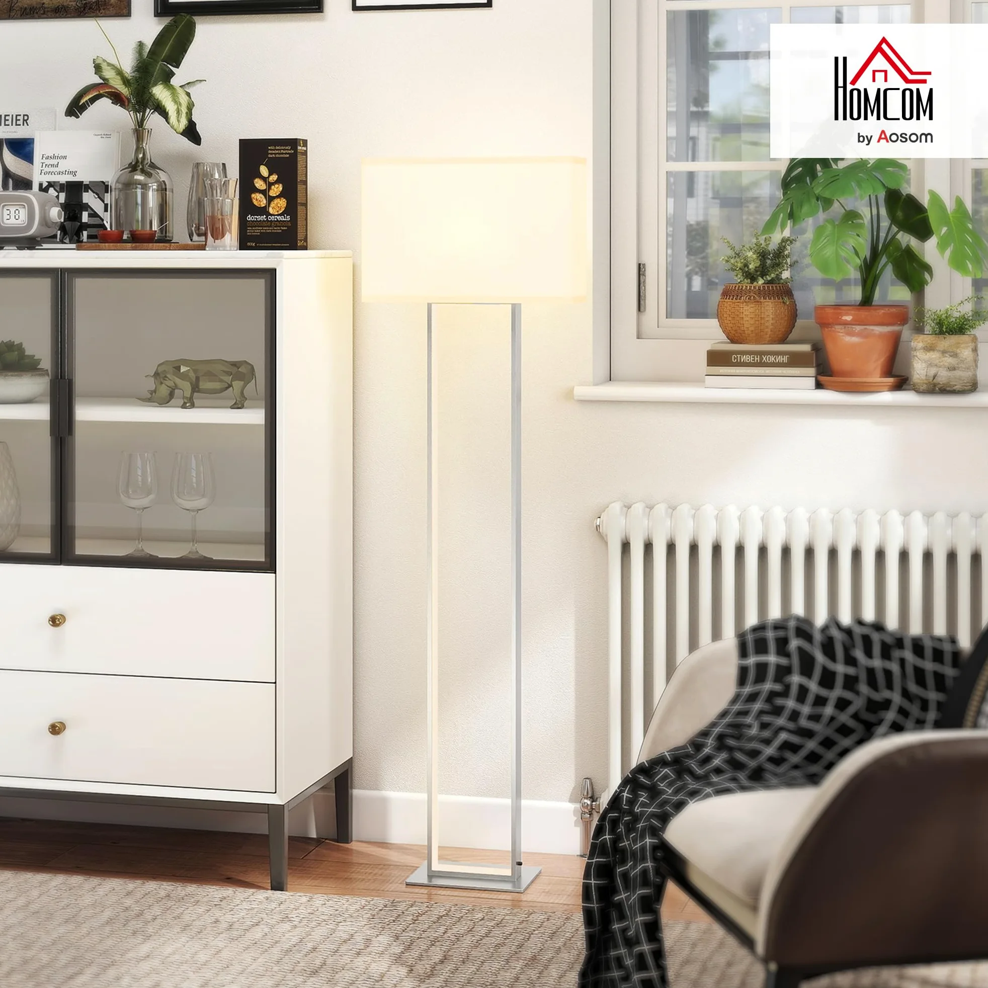 HOMCOM LED Floor Lamp, 150 cm Dimmable Standing Lamp with Linen Shade and Foot Switch, Modern Minimalist Tall Night Light with Metal Base for Living Room, Bedroom, Office, White