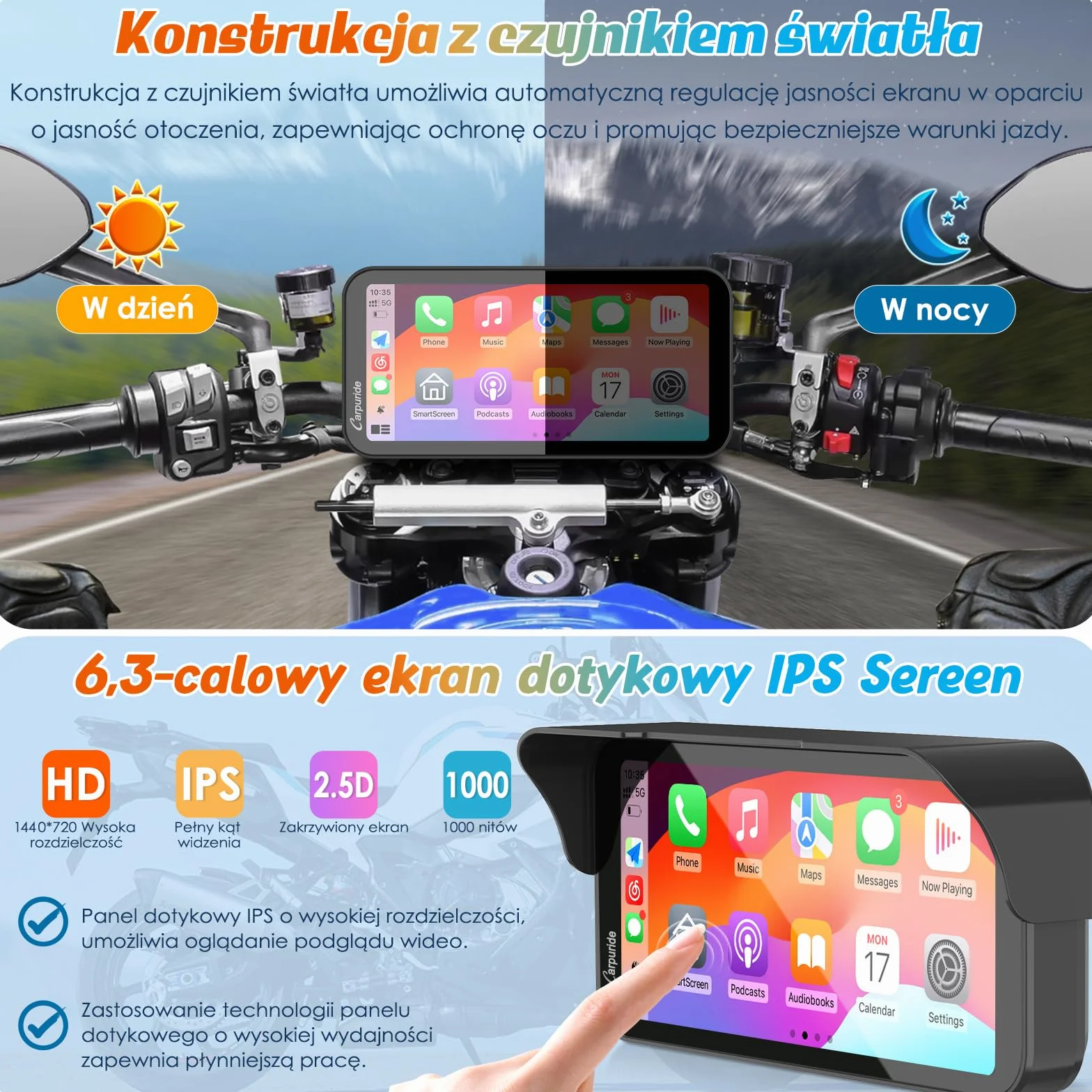 Carpuride W603 Ekran motocyklowy Carplay, Bezprzewodowa funkcja CarPlay i Android Auto dla Moto, Pilot zdalnego sterowania, Wodoodporny ekran dotykowy 6,3 cala, Nawigacja GPS, Siri, Asystent G00gle