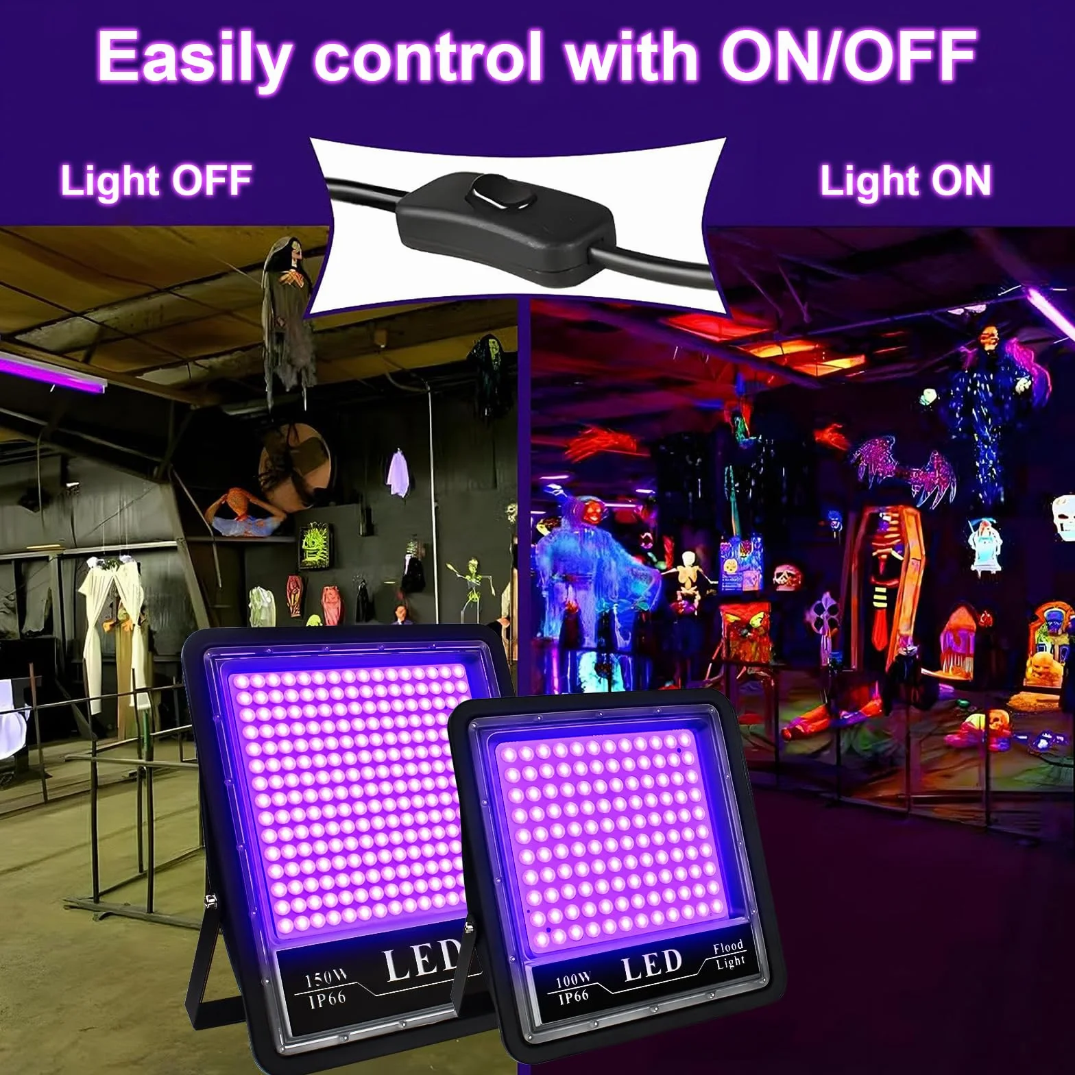 Eleganted 2 szt., 150 W, czarne światło UV, 395-405 nmLED, czarne światło świetlne, IP66, wodoodporne światło UV na imprezę czarnego światła, GLOW, obraz fluorescencyjny, obraz ciała, Halloween