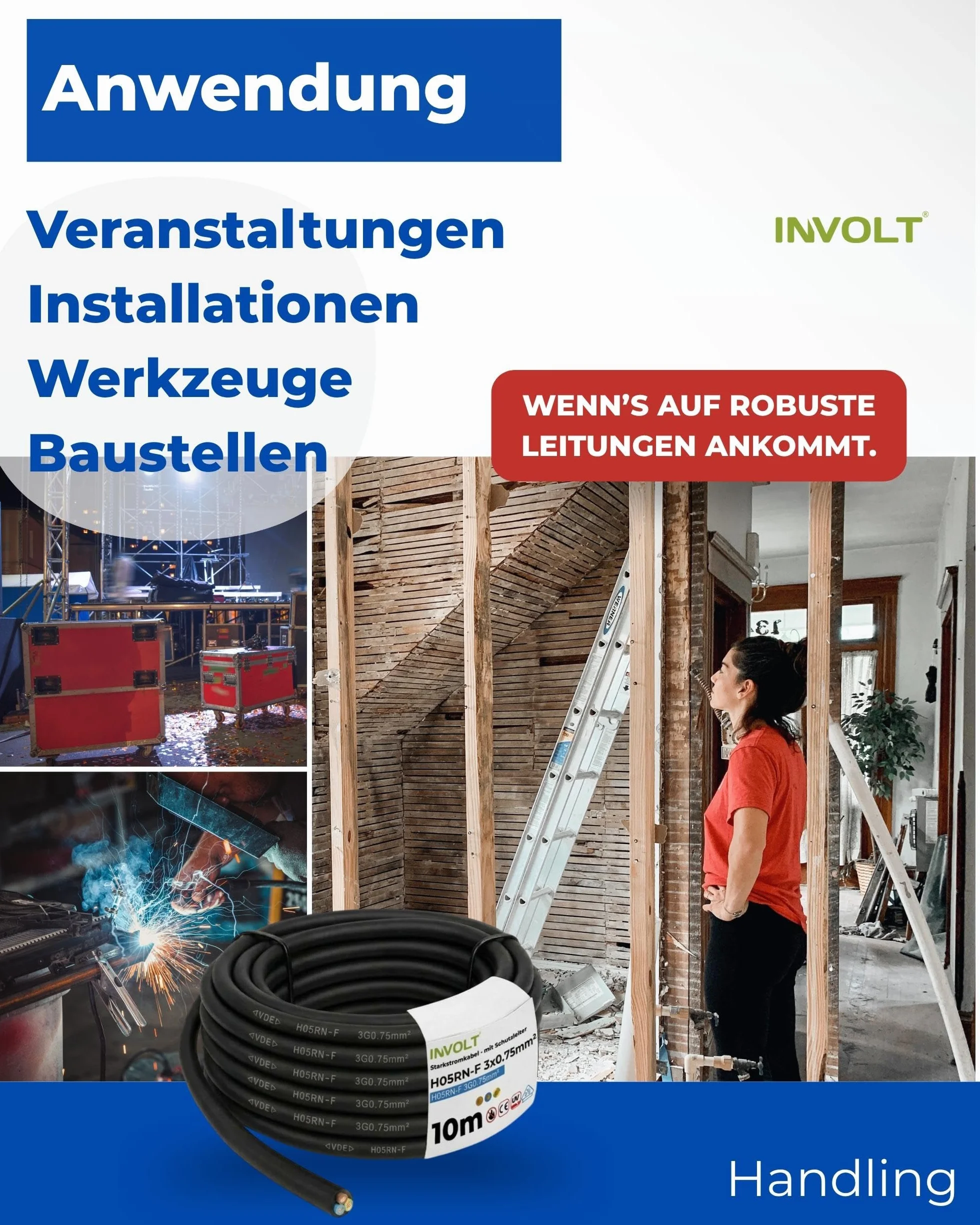 INVOLT 50 m przewód gumowy 3x0,75 H05RN-F kabel gumowy z przewodem ochronnym, kabel zasilający