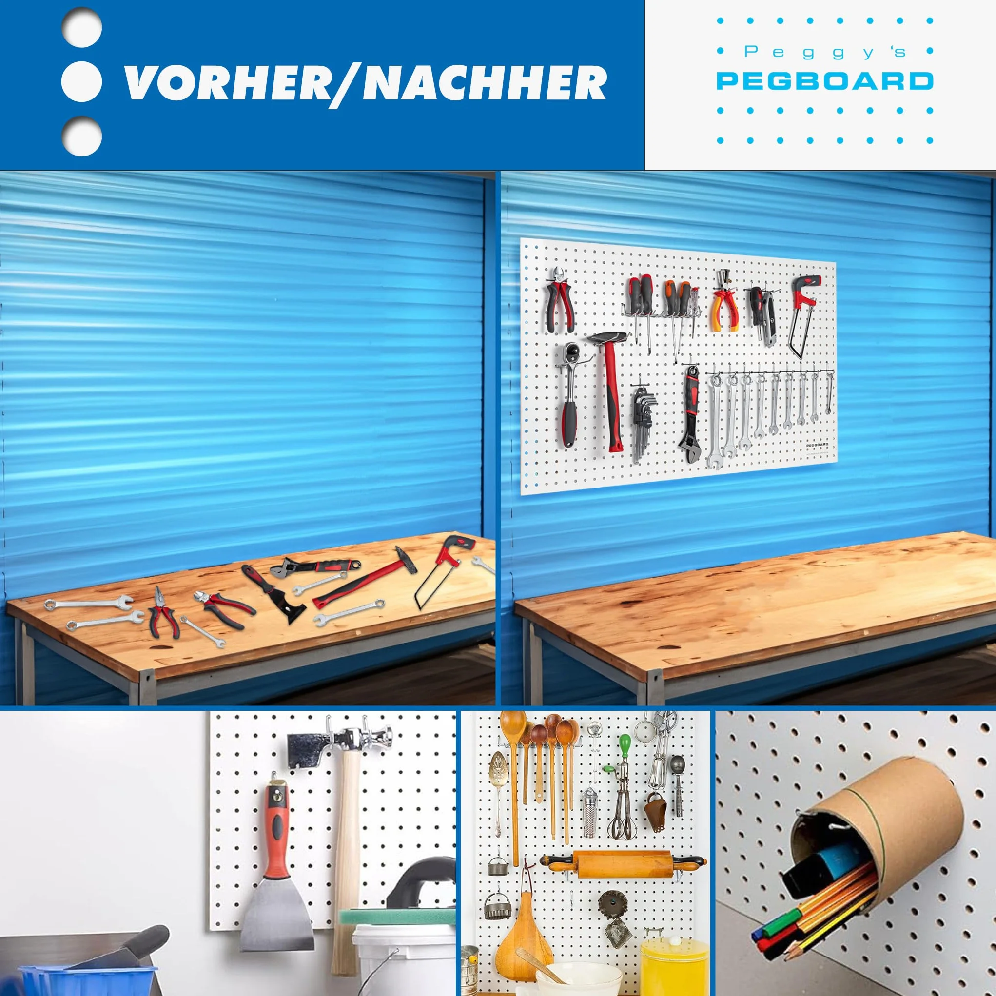 Pegboard MIDI 1 sztuka ściany narzędziowej z drewna (MDF) 100 x 60 x 0,5 cm – otwór Ø 7 mm odstęp między otworami 25,4 mm – lakierowana na biało – Made in Germany