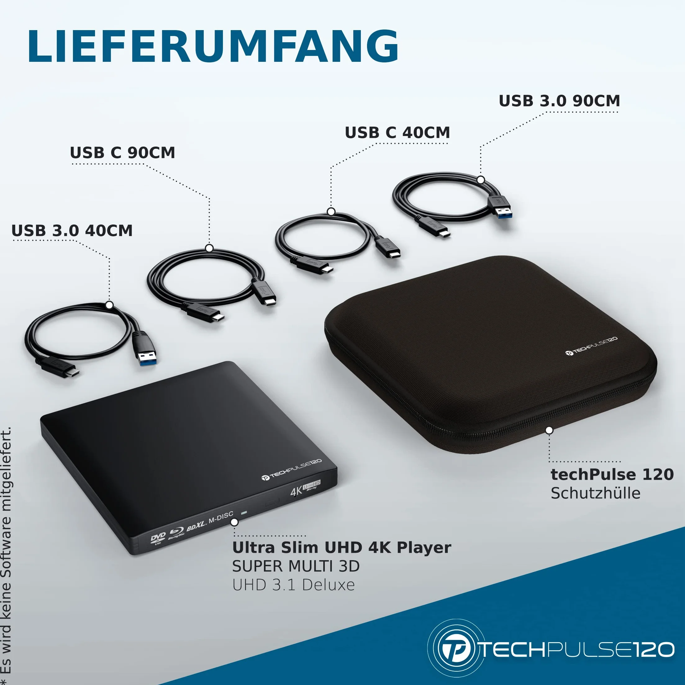techPulse120 Zewnętrzna nagrywarka USB 3.1 USB-C UHD 4k 3D M-DISC Blu-ray DVD CD BDXL HDR10 128 GB nagrywarka Superdrive BD Imperator torba 90 cm kabel aluminiowy czarny