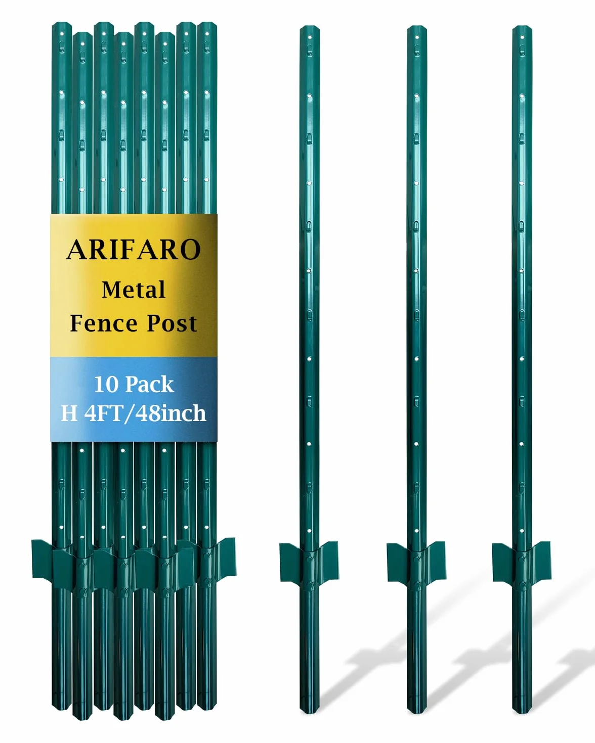 ARIFARO Metalowe słupki ogrodzeniowe, 121 cm, 10 sztuk, wytrzymały, bez kopania, słupek ogrodowy, do ogrodzeń z drutu, stalowe słupki na podwórko, drut zewnętrzny