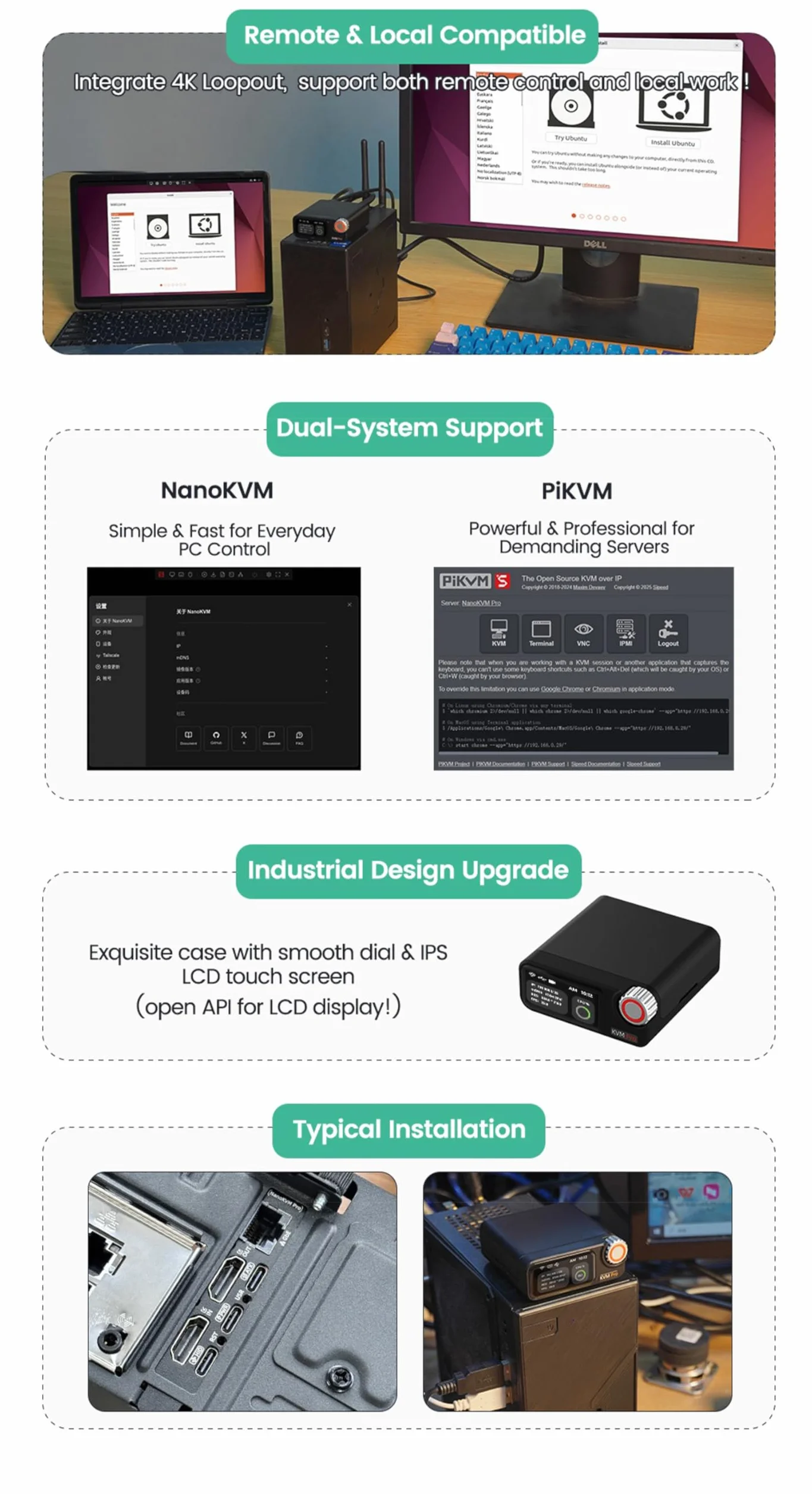 Sipeed NanoKVM Pro 4K KVM over IP, 2x A53 CPU 1GB LPDDR4X 32GB eMMC, 1000M Ethernet PoE WiFi 6, ATX Power Control