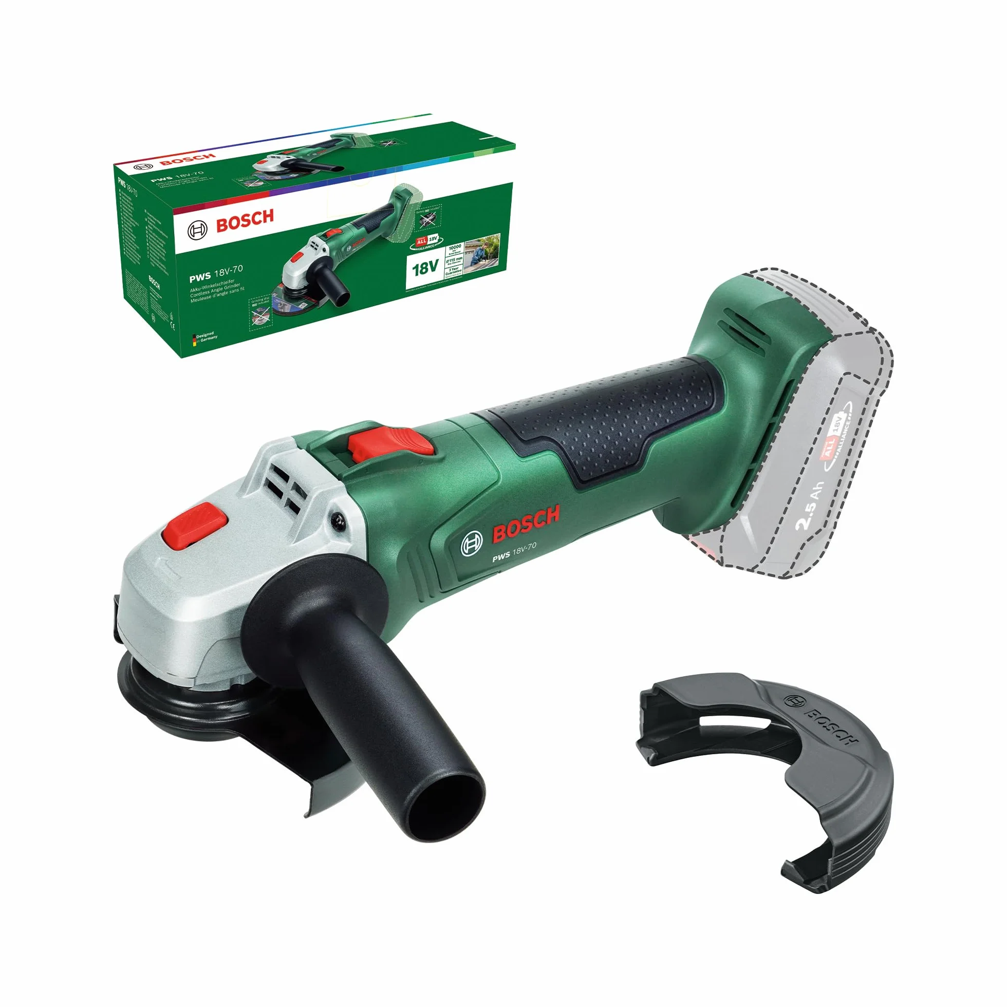 Bosch 18V System Akumulatorowa szlifierka kątowa PWS 18V-70 (do małych i średnich projektów związanych z cięciem i szlifowaniem, średnica tarczy szlifierskiej: 115 mm)