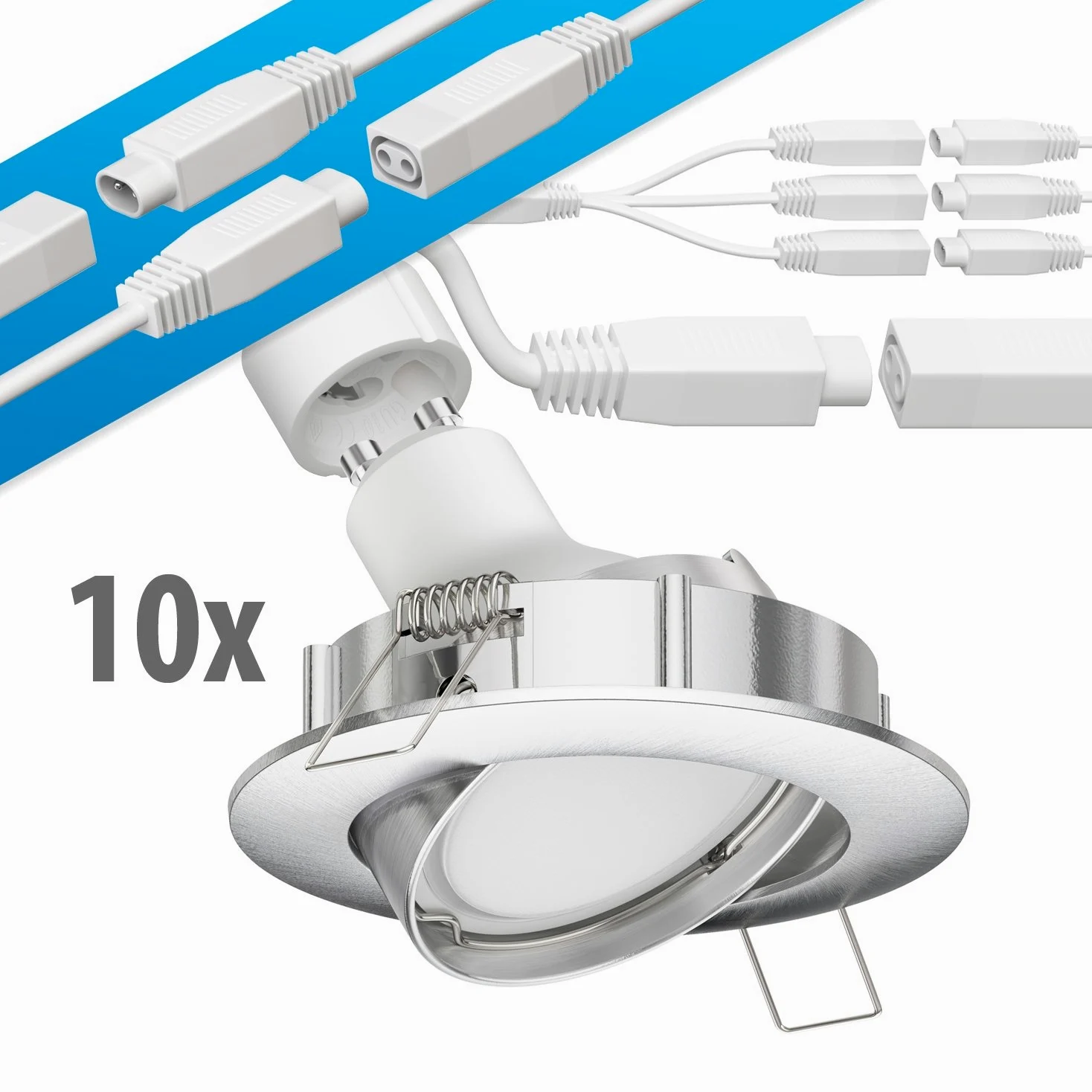 ledscom.de Reflektor wpuszczany LED DEX chrom matowy obrotowy GU49,14W każdy 450lm ciepłobiały okrągły 84mm Ø krąg śrubowy ok. 72-80mm Ø Zestaw 10 szt.