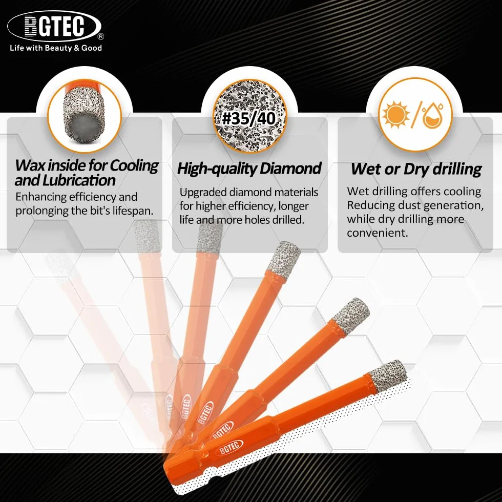 BGTEC Suche diamentowe wiertła 5 szt. 6 mm z uchwytem sześciokątnym do granitu marmuru porcelanowego płytki ceramicznej