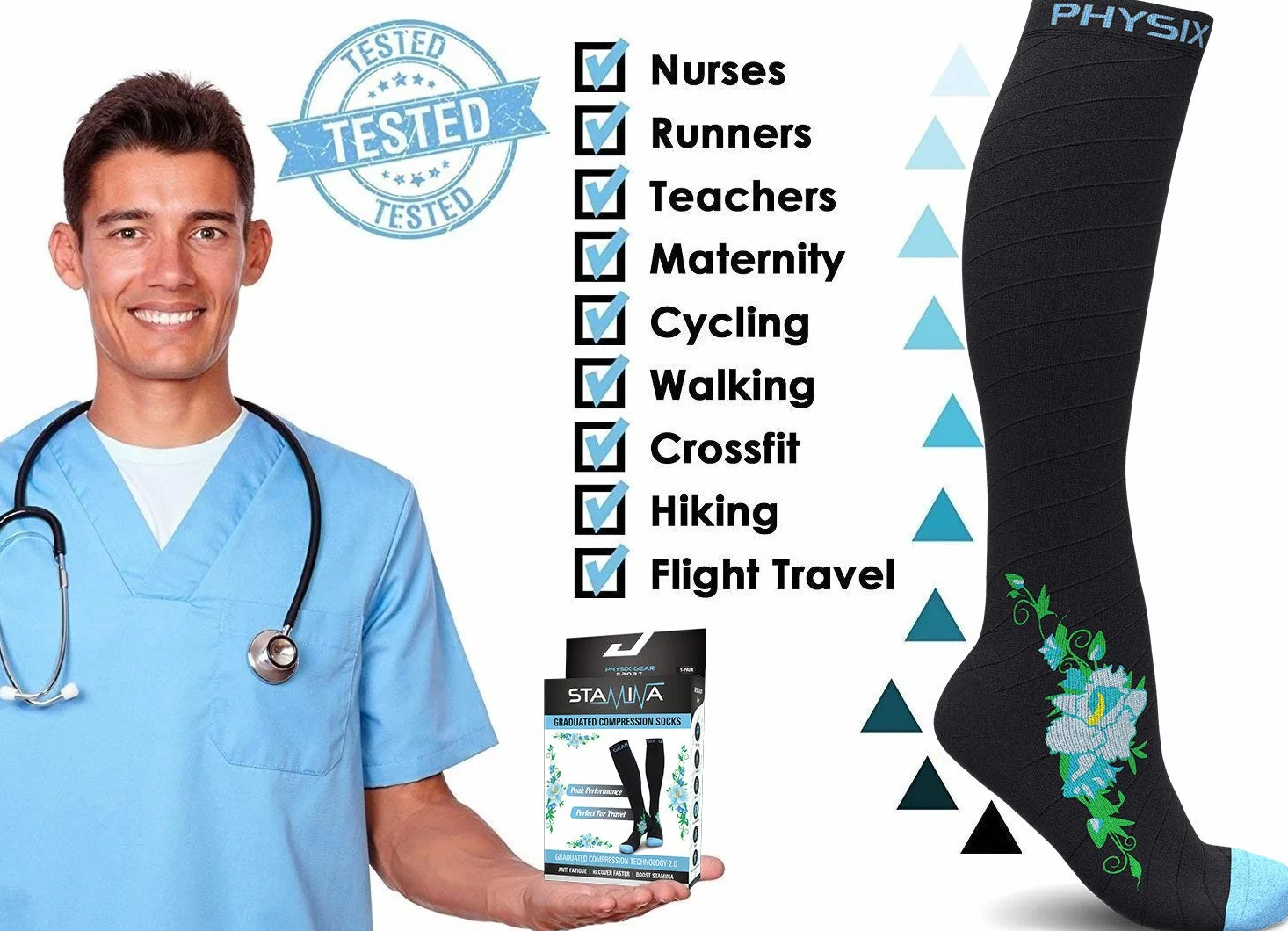 Physix Gear męskie pończochy kompresyjne męskie pończochy uciskowe pończochy uciskowe dla kobiet, do podróży samolot w ciąży ciąża mankiet kompresyjny nogawka pończochy uciskowe nogawka