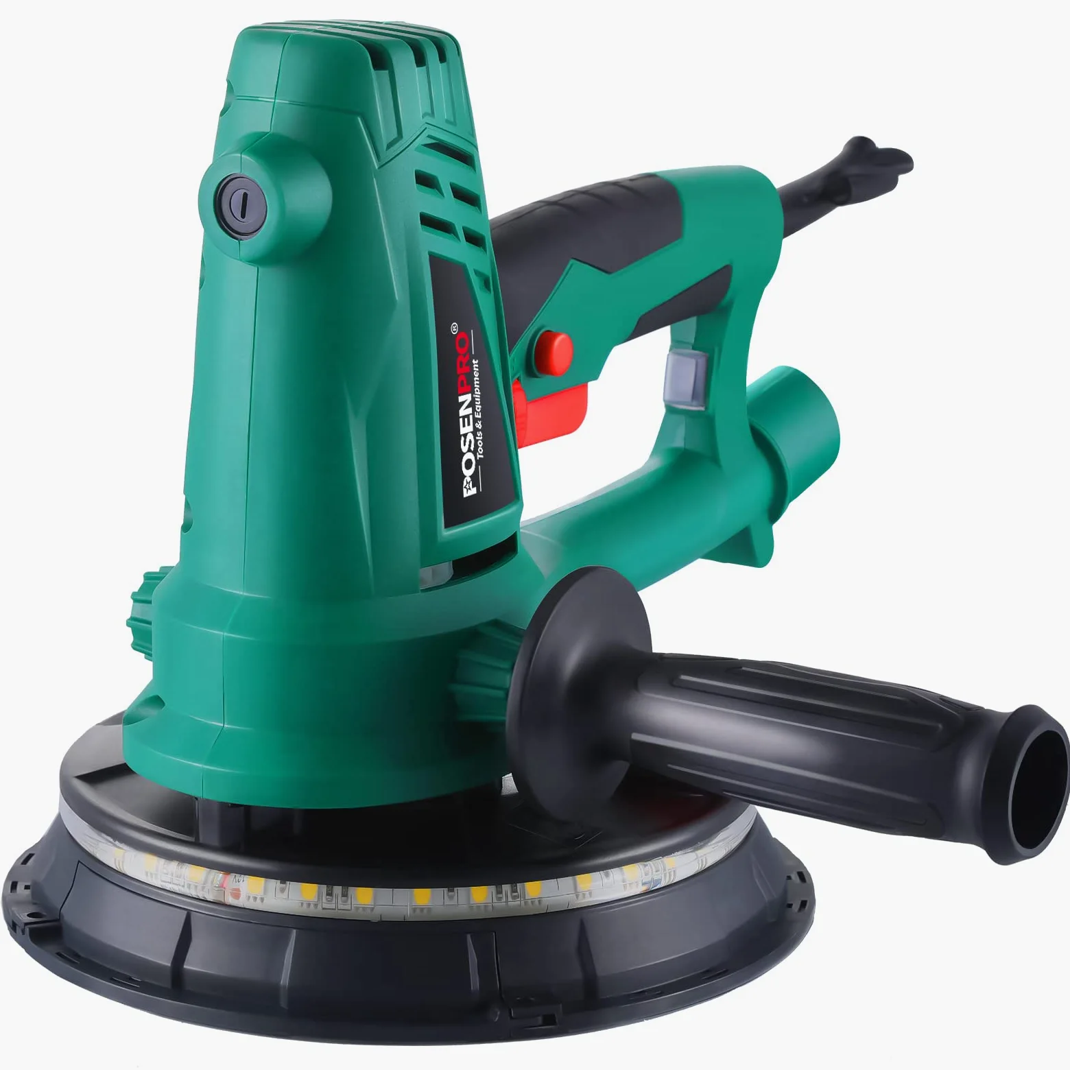 Szlifierka do suchej zabudowy, POSENPRO 750 W, 180 mm, szlifierka sufitowa, szlifierka ścienna, zmienna prędkość 1500-2700 obr./min, światło LED, worek na kurz i wąż ssący, 6 papieru ściernego, kabel