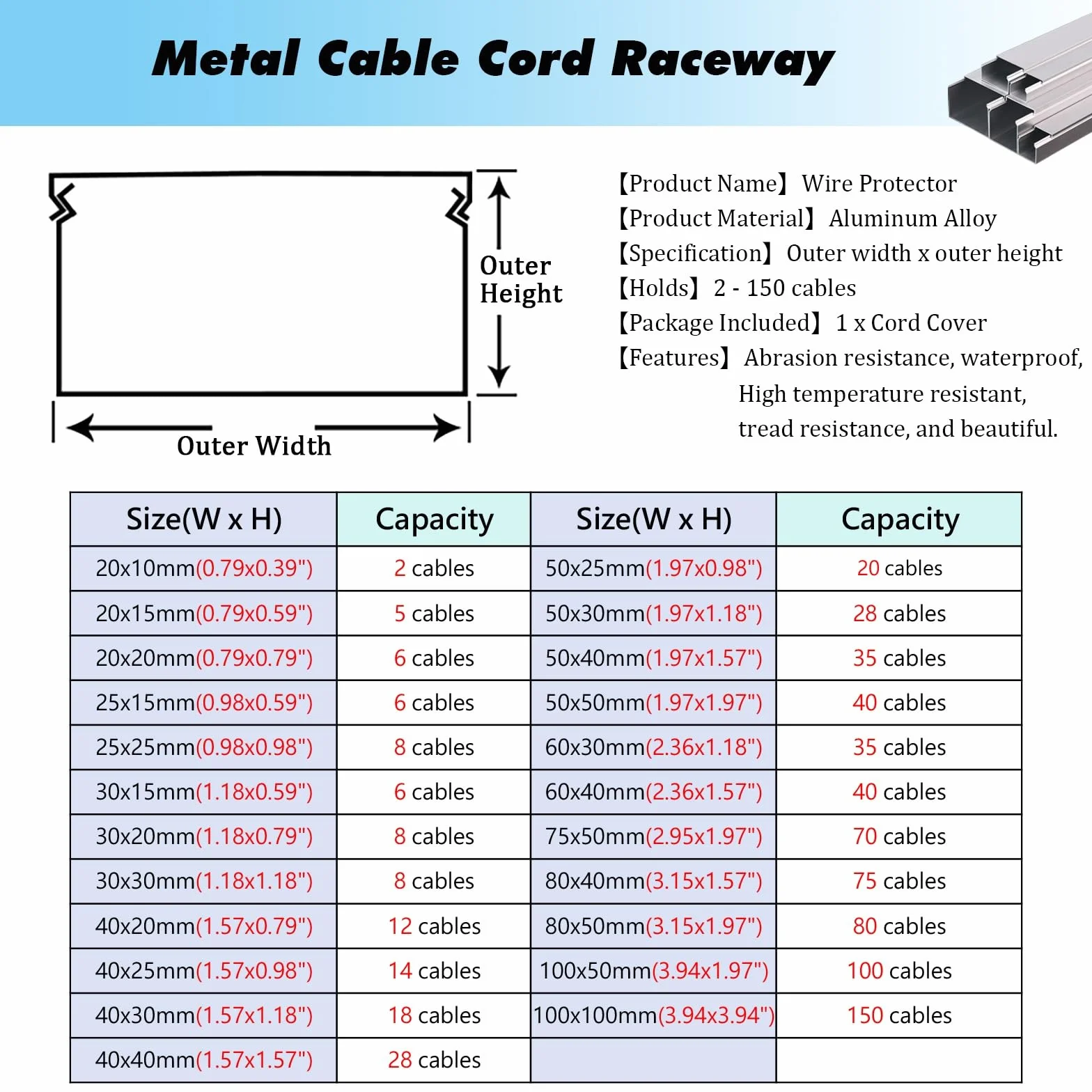 Cord Cable Wire Cover Aluminiowe kanały druciane Osłona przewodu kablowego Bieżnia, 4 sztuki Małe, duże, wodoodporne zarządzanie ukrywaniem przewodu elektrycznego((1.57x0.98in)40x25mm)