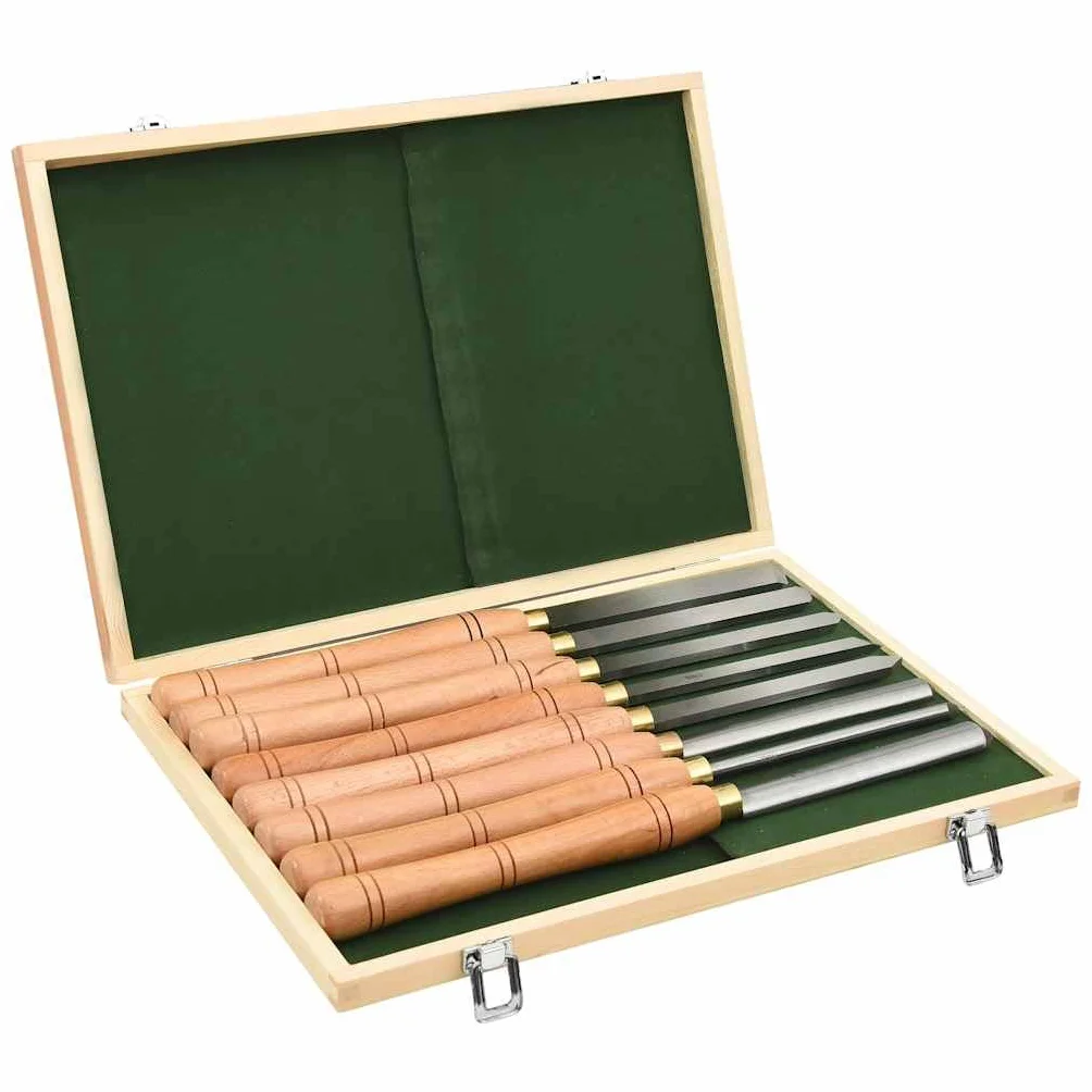 8-częściowy zestaw tokarskich ze stali szybkotnącej HSS o długości ostrza 168 mm, uchwyty drewniane 248 mm, idealny do toczenia drewna, warsztatu, majsterkowiczów, ogrodu i pomieszczeń