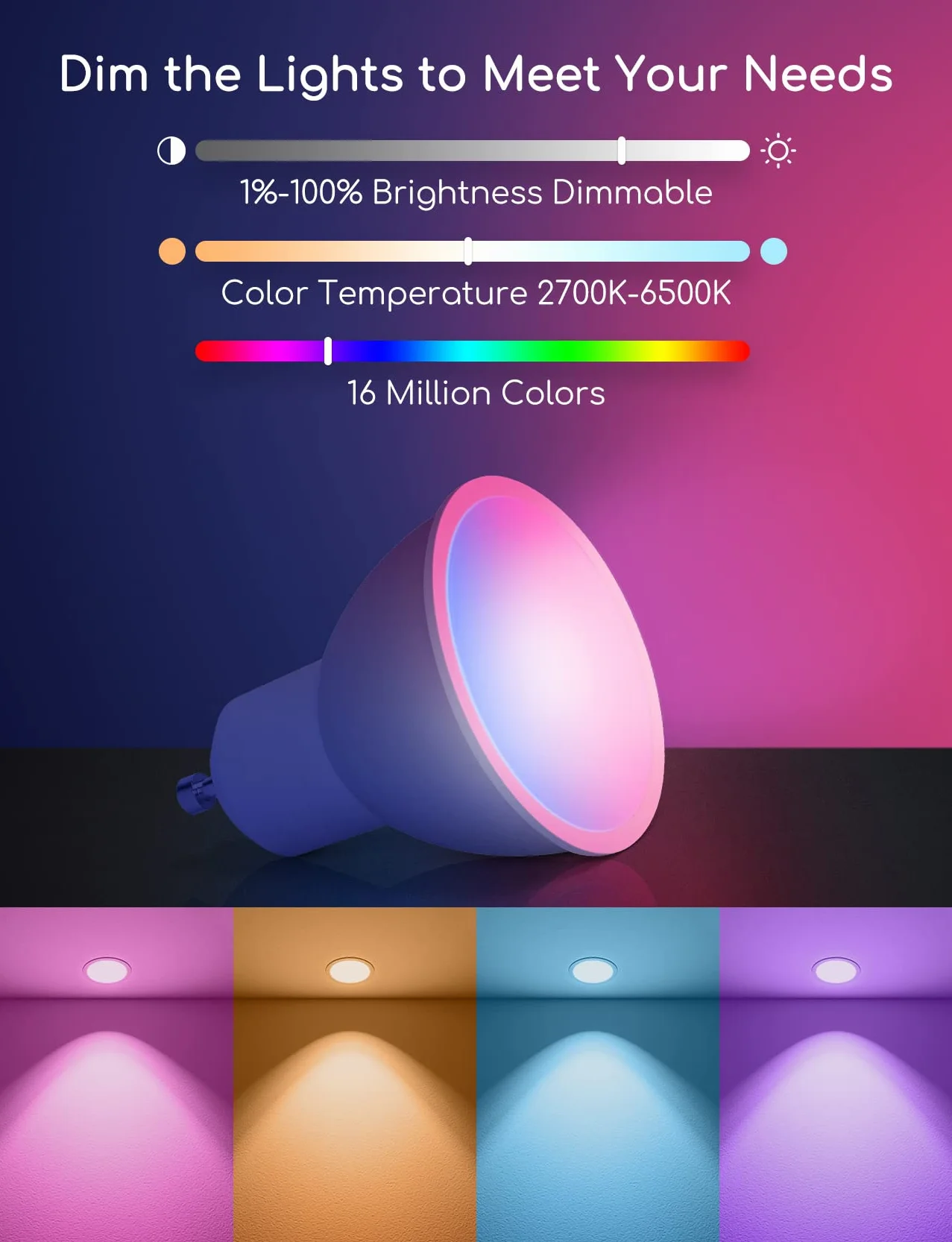 Żarówka LED Aigostar Wifi GU10 Smart Light Bulb 7W 555LM, Alexa Light Bulb RGB i 2700K-6500K, ściemnialna, połączona, WiFi, kompatybilna z Google Home/Alexa, 4 sztuk