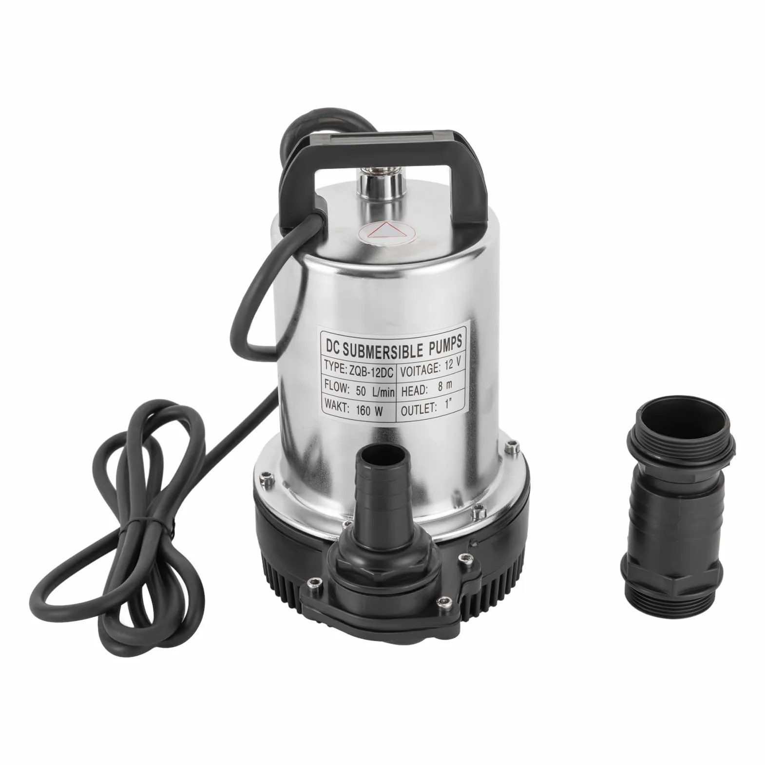Pompa głębinowa 12 V, 160 W, kolor chromu, 6000 l/h, pompa brudnej wody z 3 średnicami wylotowymi, wysokość tłoczenia 9 m, do ogrodu i nawadniania