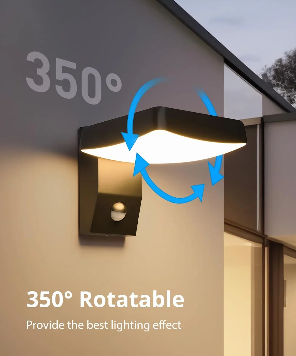 Bojim IP65 18W zewnętrzna lampa ścienna z czujnikiem ruchu, kinkiet z regulowaną wiązką, kwadratowa lampa ścienna ciepła biel 3000K lampa zewnętrzna do korytarza ogrodowego taras
