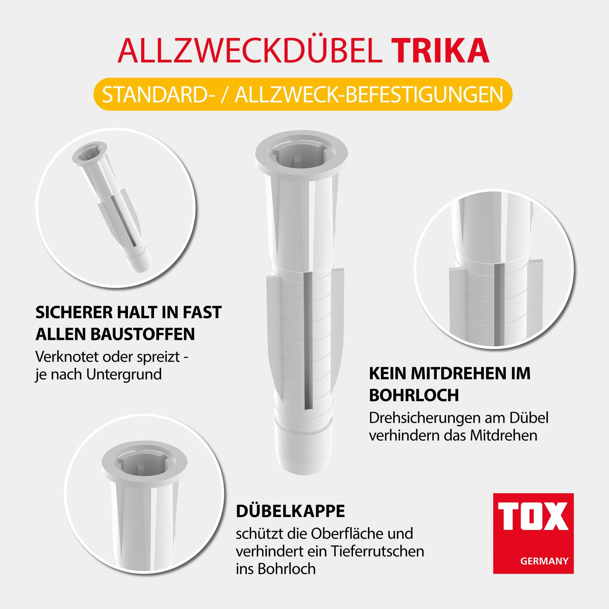 TOX Kołek uniwersalny TRIKA 8/51 – do niemal wszystkich materiałów budowlanych, łatwy montaż, zabezpieczenie przed obracaniem, kołnierz chroni powierzchnię, 30 szt., 01119082