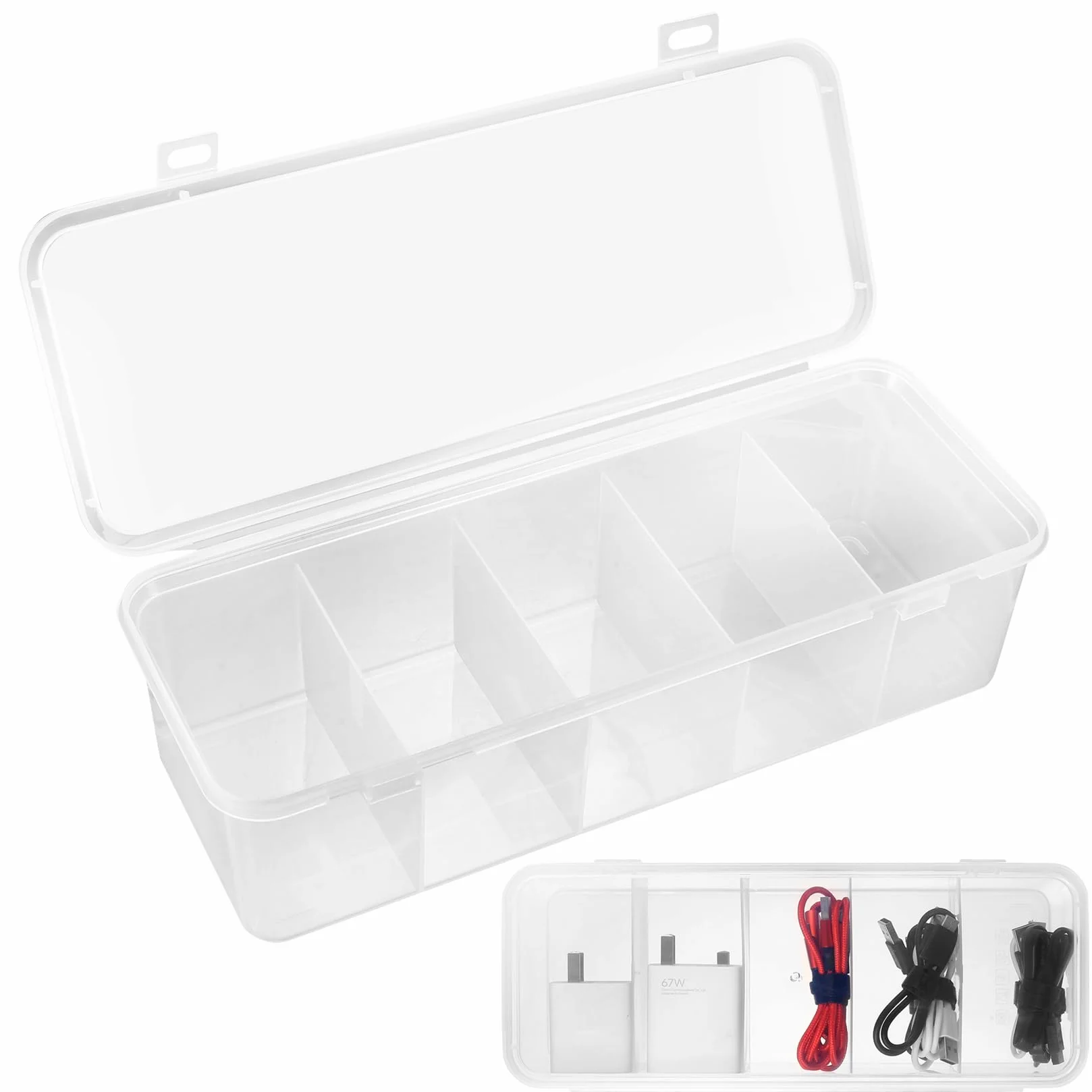 2 sztuki organizer na kable z pokrywką, organizer na kable, przezroczysty plastikowy pojemnik na kable z 4 wyjmowanymi przegrodami, pojemnik do przechowywania kabli do organizacji kabli