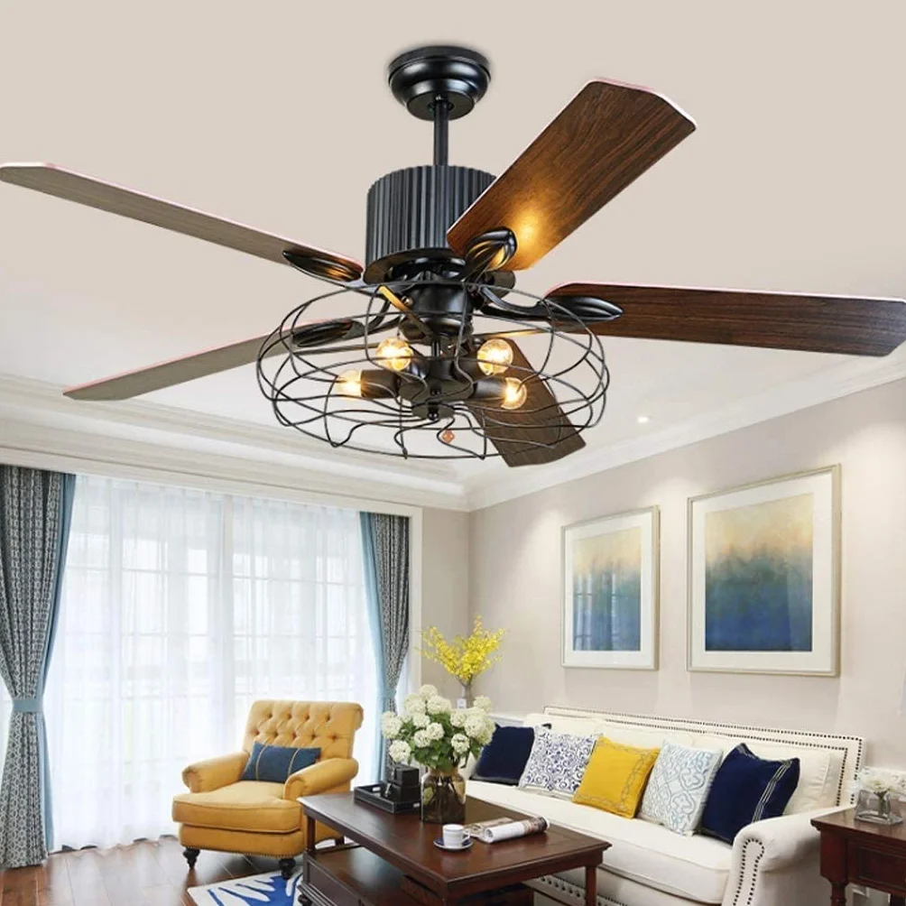 Wentylator Sufitowy Z Oświetleniem Zdalnego Sterowania Ściemnialny Wentylator E27 Wentylator Sufitowy Żyrandol LED Loft Wentylator Sufitowy Retro Industry Cichy Salon Sypialnia Jadalnia Timing