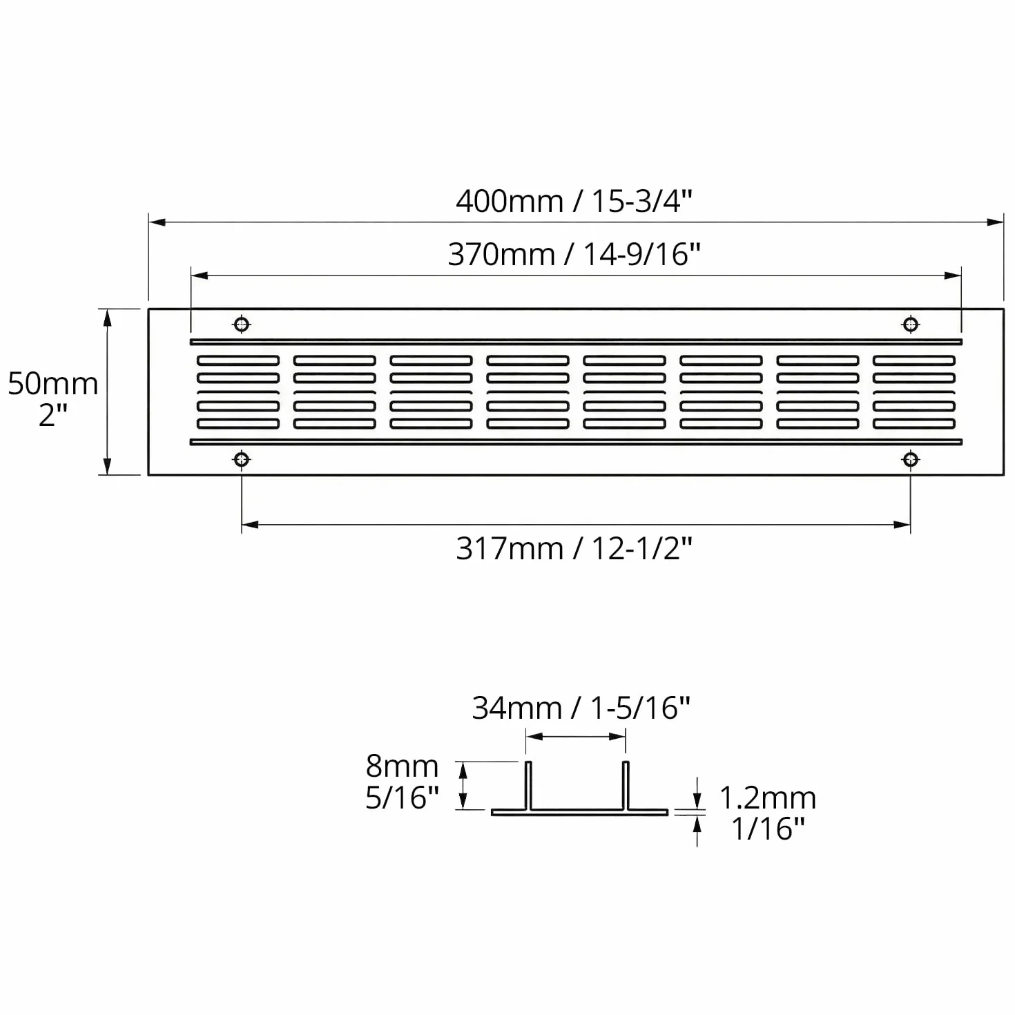 QWORK® 2 sztuki kratek wentylacyjnych 400 x 50 mm aluminium - czarny prostokątny kratka wentylacyjna do szaf, kuchni i łazienki - napowietrzanie drzwi i mebli ze śrubami