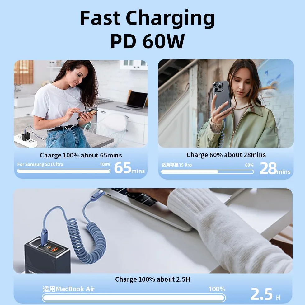 Toocki 60W Kabel Spiralny USB C do USB C Szybkie Ładowanie 1.8m Pleciony Nylon Kompatybilny z Galaxy Xiaomi Huawei iPhone 15/16/17