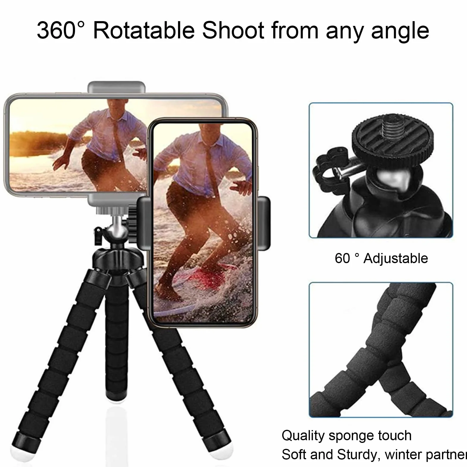 Elastyczny Statyw z Gąbki, Aluminiowy Statyw do Telefonu Komórkowego Selfie Stick, 30 Stóp Bezprzewodowy Pilot Zdalnego Sterowania Uchwyt na Telefon do Telefonu Komórkowego 6-9 Cm / 2,4-3,5 Cala