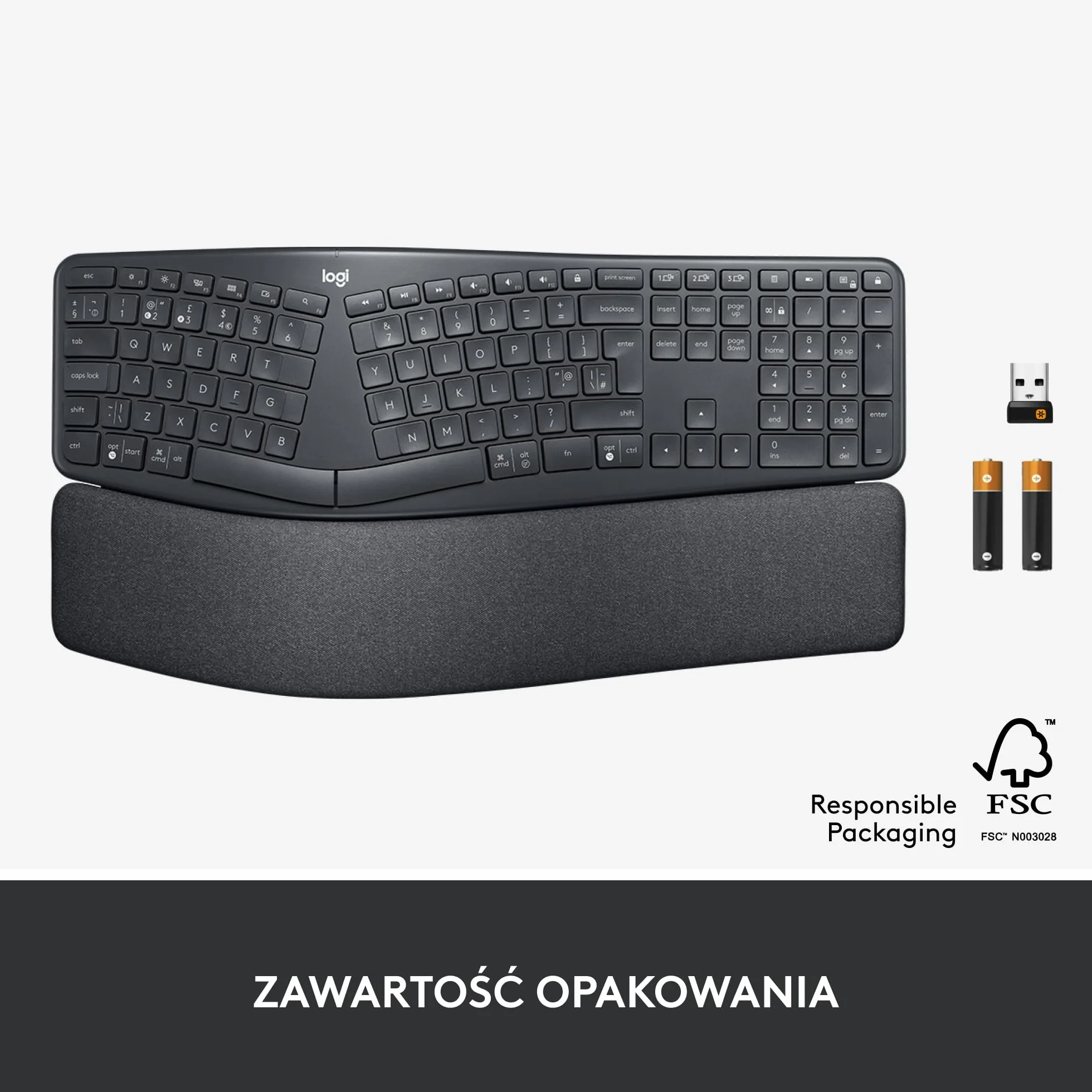 Logitech ERGO K860 - Bezprzewodowa ergonomiczna klawiatura dzielona, podkładka pod nadgarstek, łączność Bluetooth i USB, kompatybilna z Windows/Mac, QWERTY US Intl - Czarny