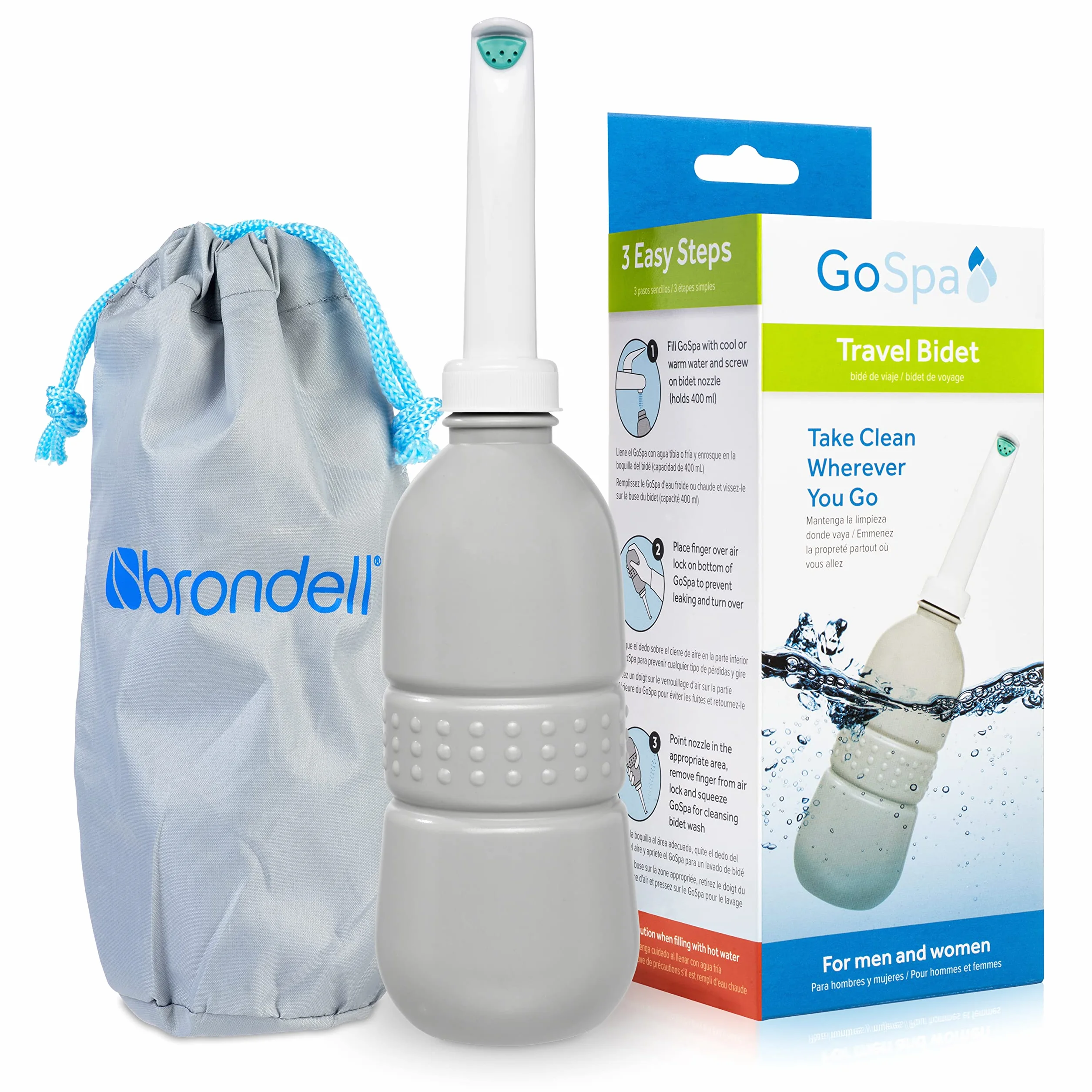 Brondell GoSpa Essential przenośny bidet do codziennego użytku, na kemping, wędrówki i zajęcia na świeżym powietrzu, kompaktowy i dyskretny, zawiera torbę podróżną, 400 ml, mgła