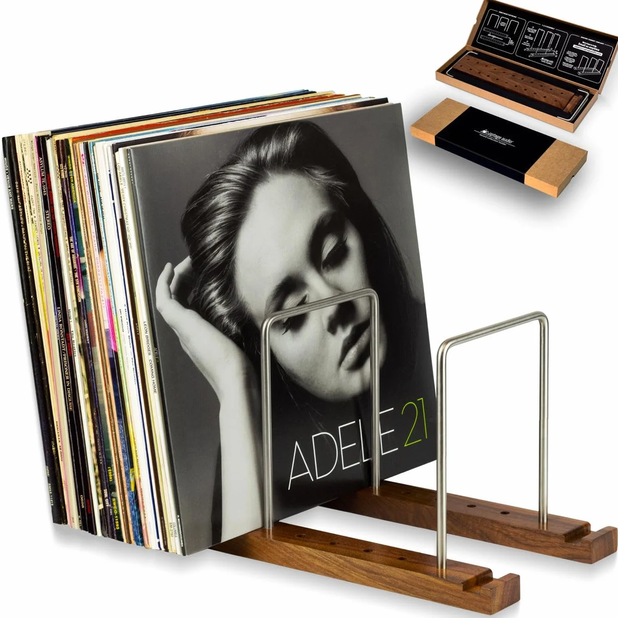Optage Audio Uchwyt na kolekcję płyt, 75 albumów, regulowany, 2-częściowy, winylowy stojak ekspozycyjny, elegancki, minimalistyczny design, solidny orzech i stal nierdzewna, skierowany do przodu lub z