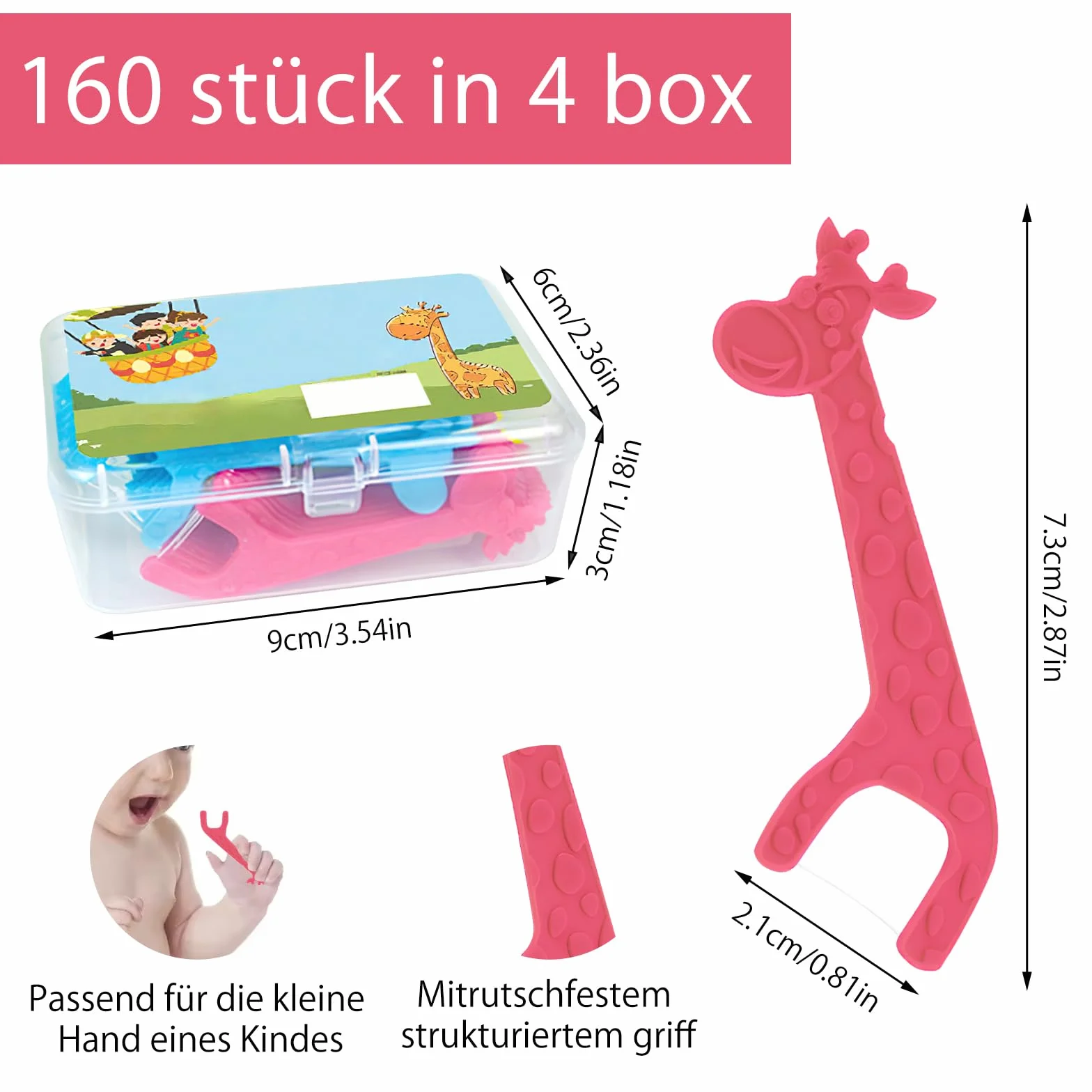 160 sztuk nici dentystycznych dla dzieci, patyczki z nicią dentystyczną, do wąskich przestrzeni między zębami, uchwyt to żyrafa w 4 kolorach, niewoskowana nić dentystyczna, antypoślizgowa, 4