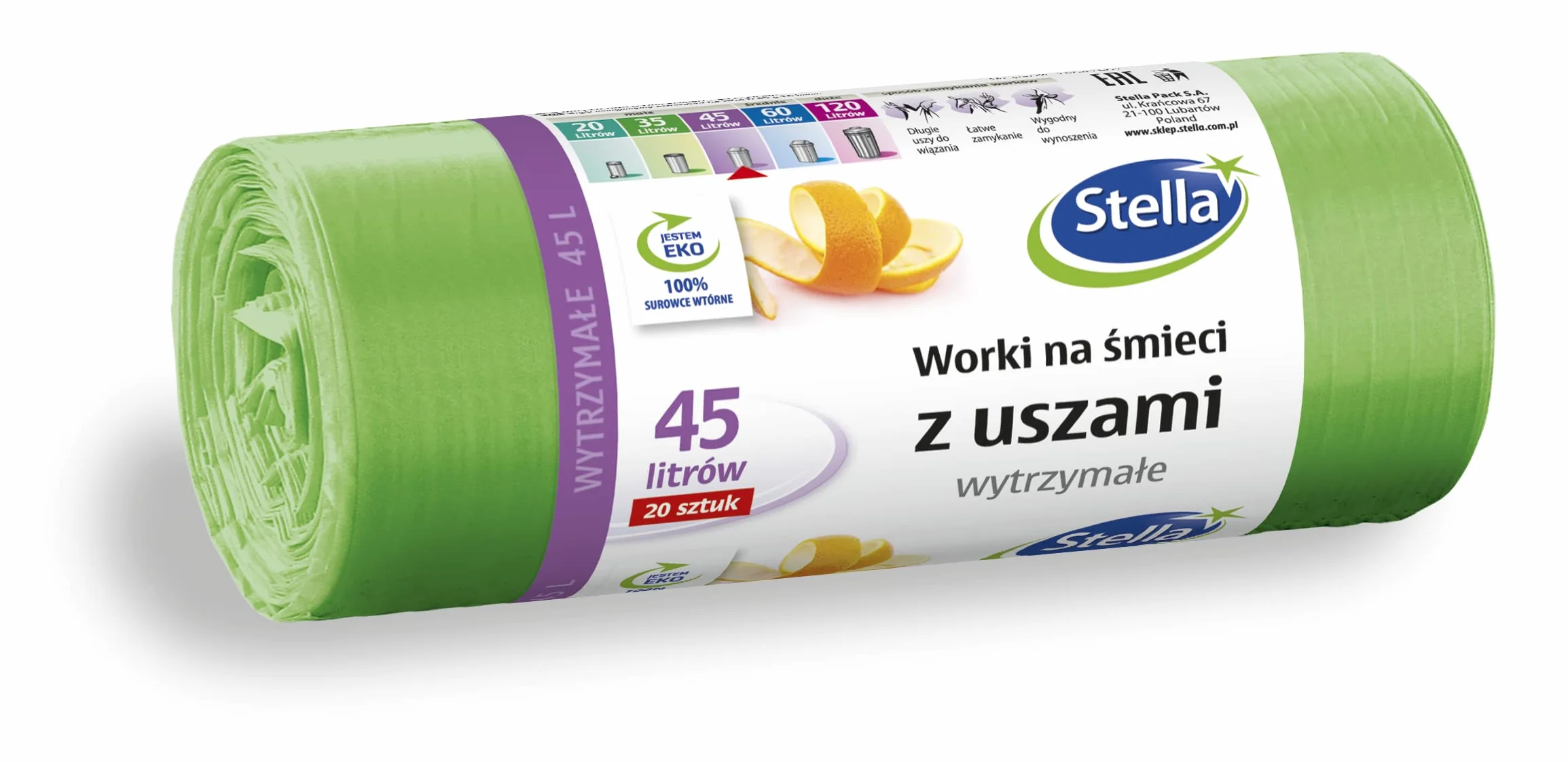 STELLA worki na śmieci z uszami WYTRZYMAŁE 45l, 20 sztuk, uniwersalne, kolor: zielony, worki na odpady domowe i do biura wykonane z folii HDPE
