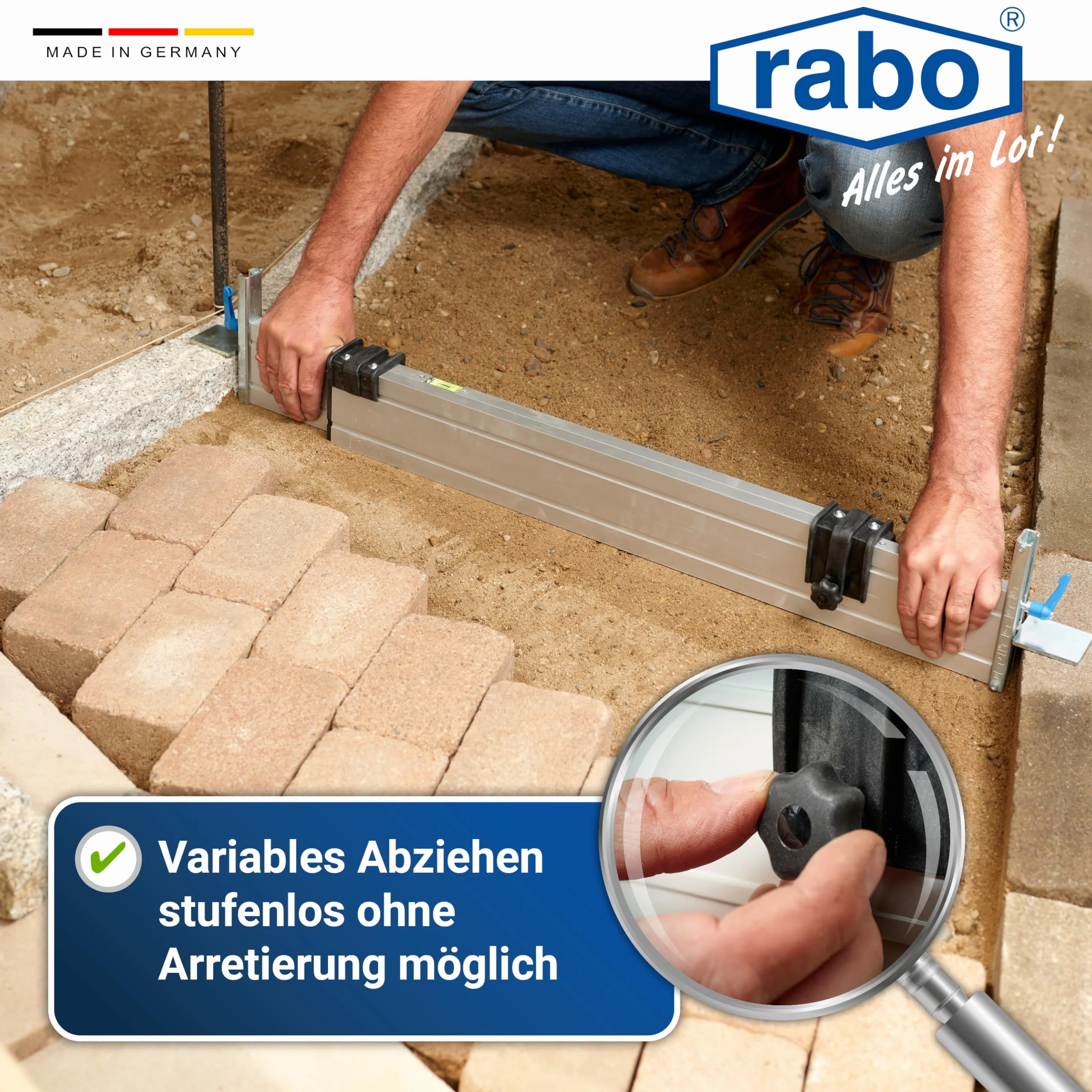 RABO Łata poziomująca 0,80–1,40 m regulowana | do wyrównywania żwiru, kruszywa i piasku | z 2 ogranicznikami wysokości profil C (0–11 cm) | aluminium anodowane, jakość profesjonalna