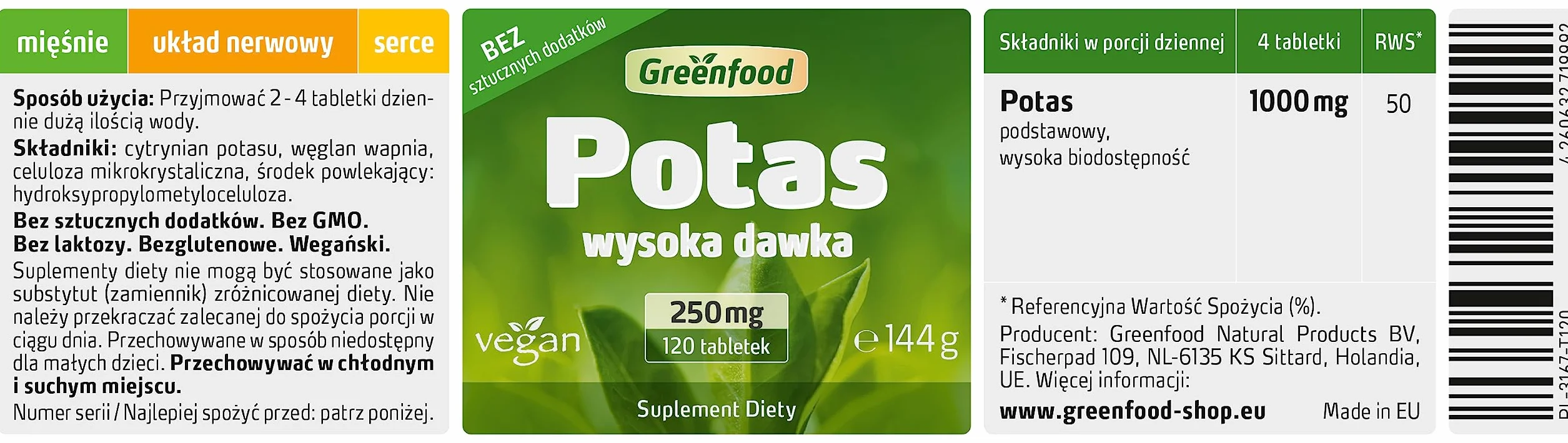 Greenfood Potas, 250 mg, 120 tabletek - wspomaga prawidłowy układ nerwowy, pracę mięśni i ciśnienie krwi. BEZ sztucznych dodatków. Bez technologii genetycznej. Wegańskie.