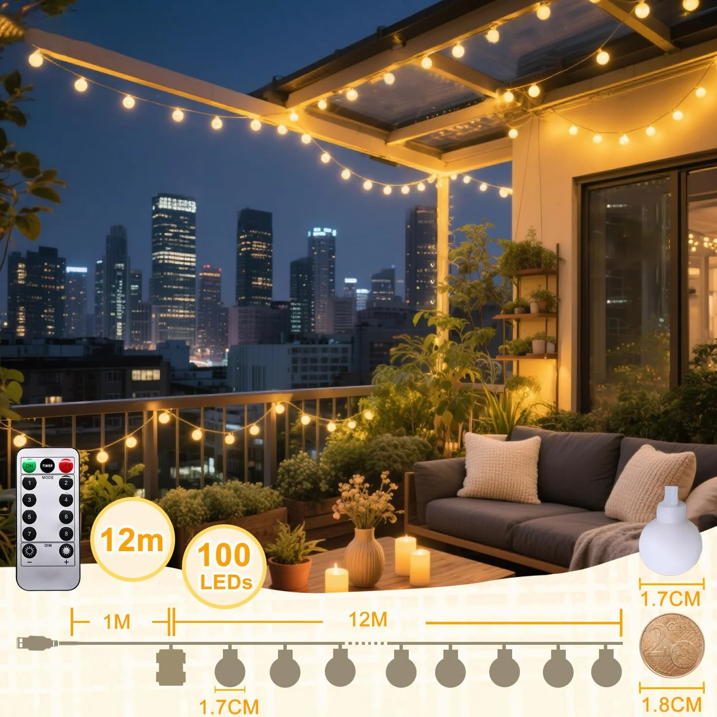 Świąteczne światełka 12M + 1M 100 Led, 8 Modes Garland Lights Indoor, Baterie lub USB, Fairy Lights z funkcją timera, na zewnątrz i wewnątrz, do ogrodów, domów, ślubów