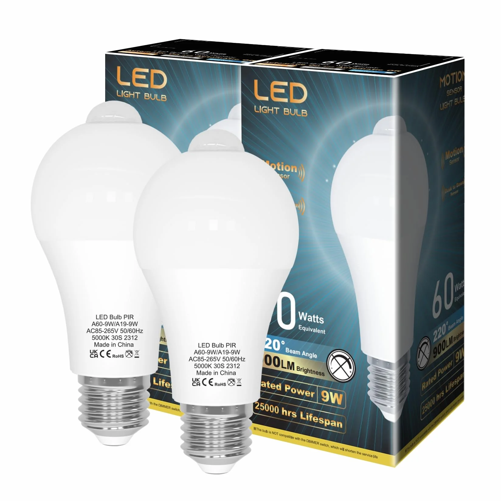 Żarówka z czujnikiem ruchu, żarówka LED E27 z czujnikiem ruchu PIR, światło białe, 5000 K, 9 W, 900 lm, żarówki bezpieczeństwa, automatyczne włączanie/wyłączanie, do korytarza i garażu, opakowani
