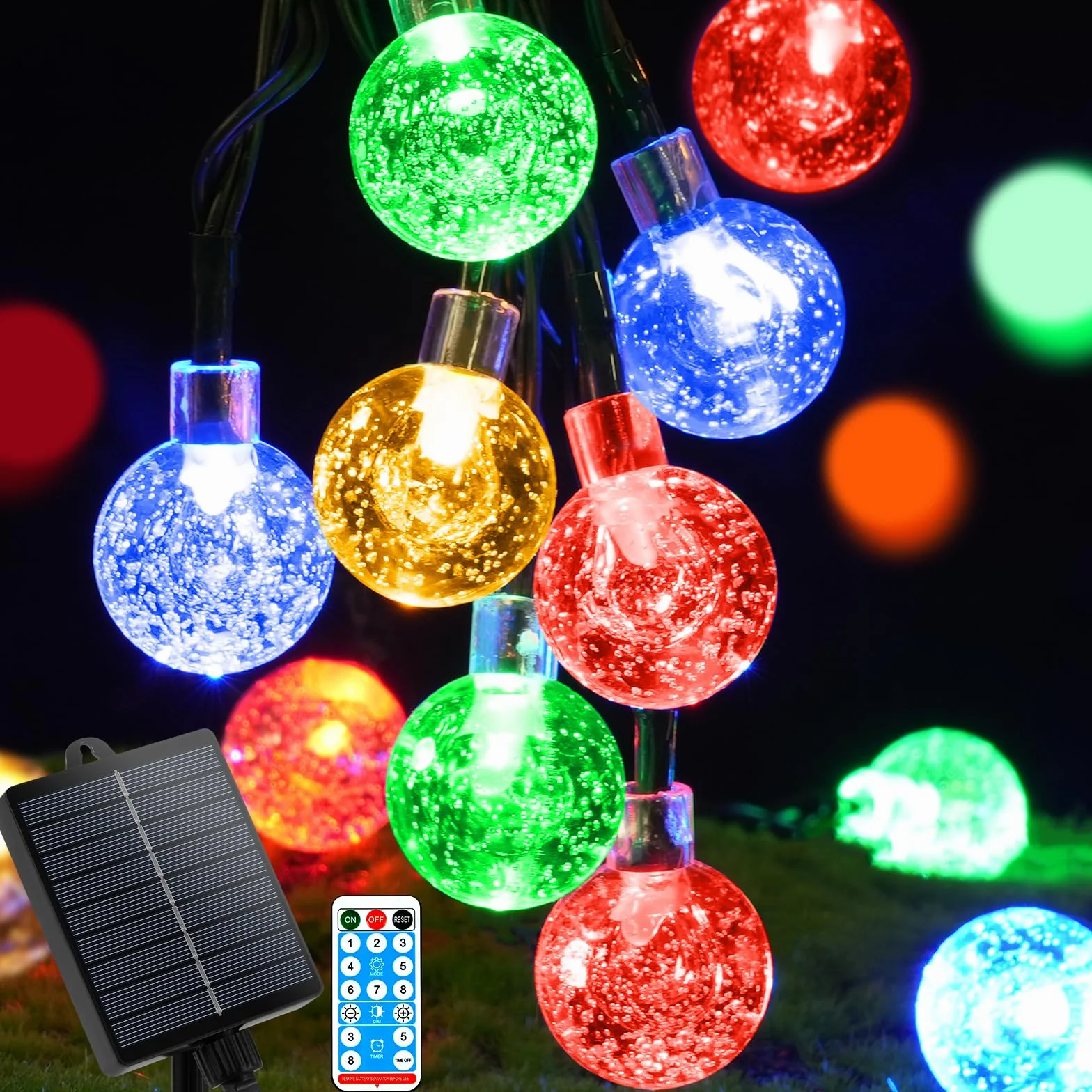 AUAUY Solarny łańcuch świetlny na zewnątrz, odporny na warunki atmosferyczne, 7 m, 50 diod LED, 8 trybów pracy, IP65, solarny łańcuch świetlny, kryształowe kule, oświetlenie zewnętrzne/wewnętrzne na