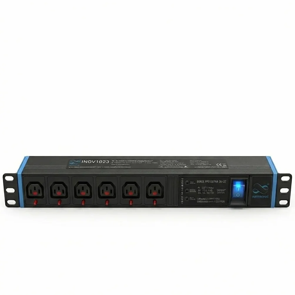 Infitronic - INSV1023 – 19 cali PDU 1HE listwa zasilająca z 6 gniazdami, rozdzielacz prądu z ochroną przed przepięciem + wskaźnik prądu