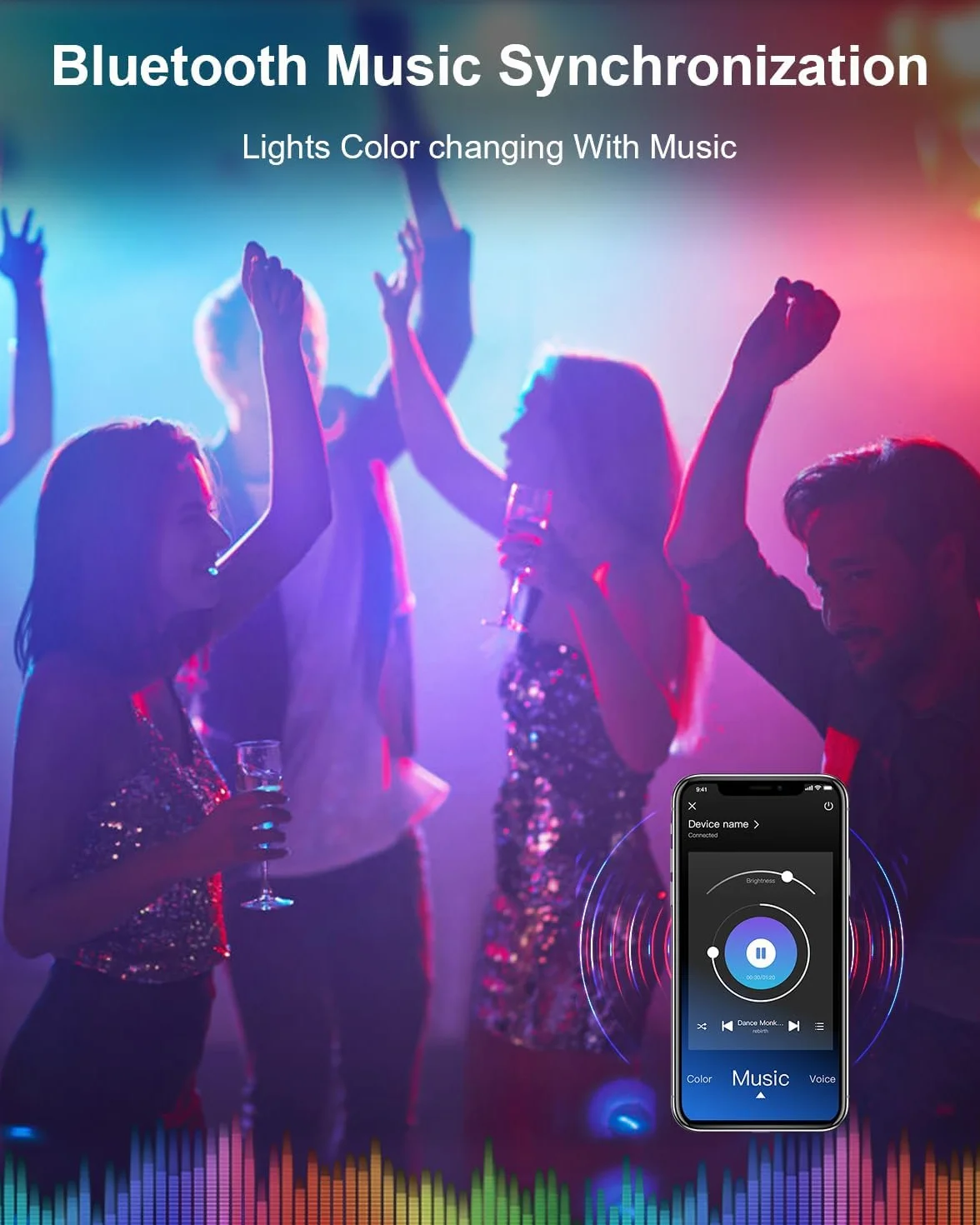 Taśma LED 20 m, Bluetooth LED, RGB, zmiana kolorów, łańcuch świetlny LED, 20 m, sterowany za pomocą aplikacji, pilot zdalnego sterowania, synchronizacja z muzyką, do sypialni, TV, domu, szafy