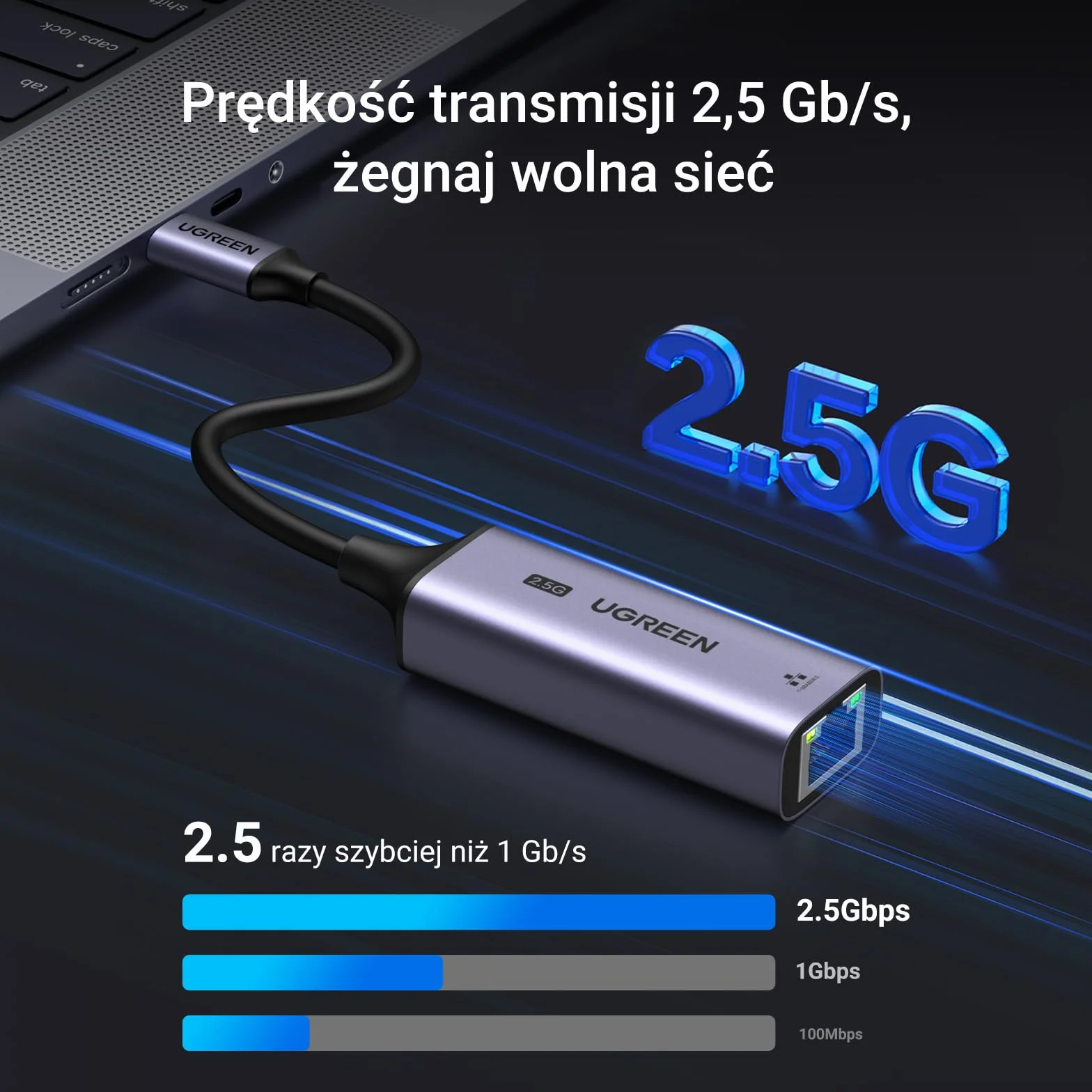 UGREEN USB C 2.5G LAN Adapter Ethernet Adapter RJ45 2500Mbps Adapter sieciowy kompatybilny z iPhone serii 15,iPad Pro/Air,Macbook Pro/Air,laptopem,komputerem PC z systemem Windows 11/10/8,macOS itp.