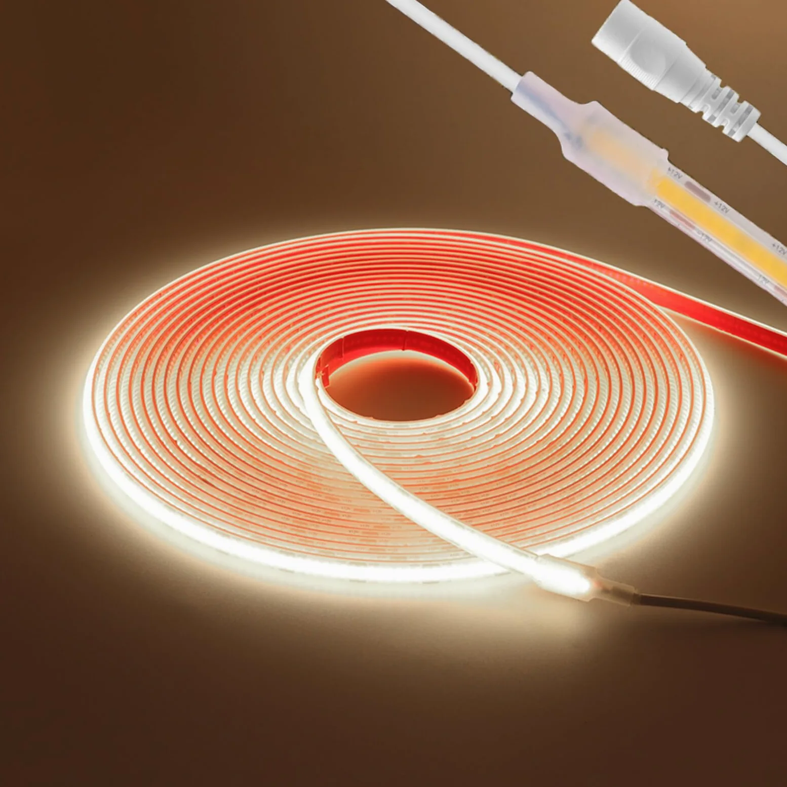 Taśma świetlna LED 12 V COB 7 m ciepła biel 3000 K IP68 wodoodporna elastyczna łańcuch świetlny 320 diod LED/m CRI90+ możliwość cięcia co 2,5 cm, idealna do dekoracji wnętrz, zasilacz nie jest