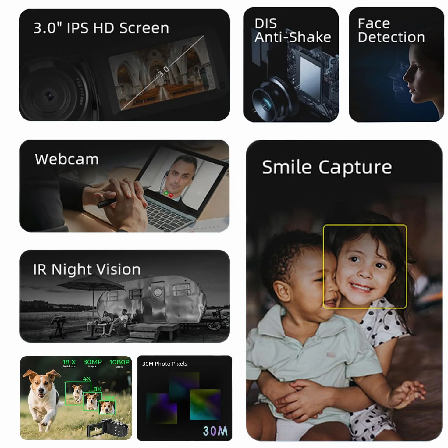 ORDRO Full HD 1080P 30MP kamera wideo 18x zoom cyfrowy IR noktowizor 3,0" obrotowy ekran 16GB 2 akumulatory czarny