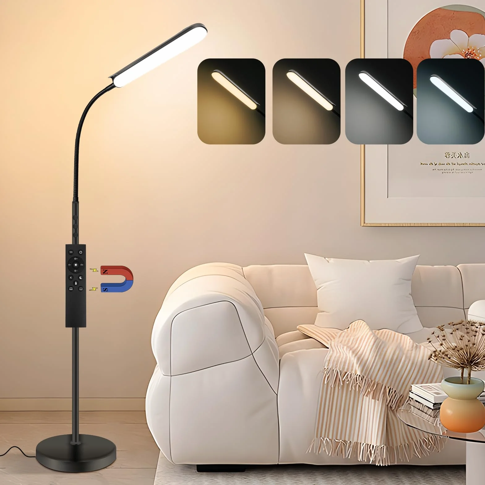 Lampa podłogowa LED 18 W, 1800LM ściemniana (2700K-6500K) Elastyczna łabędzia szyja, wysokość 175 cm, magnetyczne sterowanie i sterowanie dotykowe, lampa do czytania do salonu, czarna