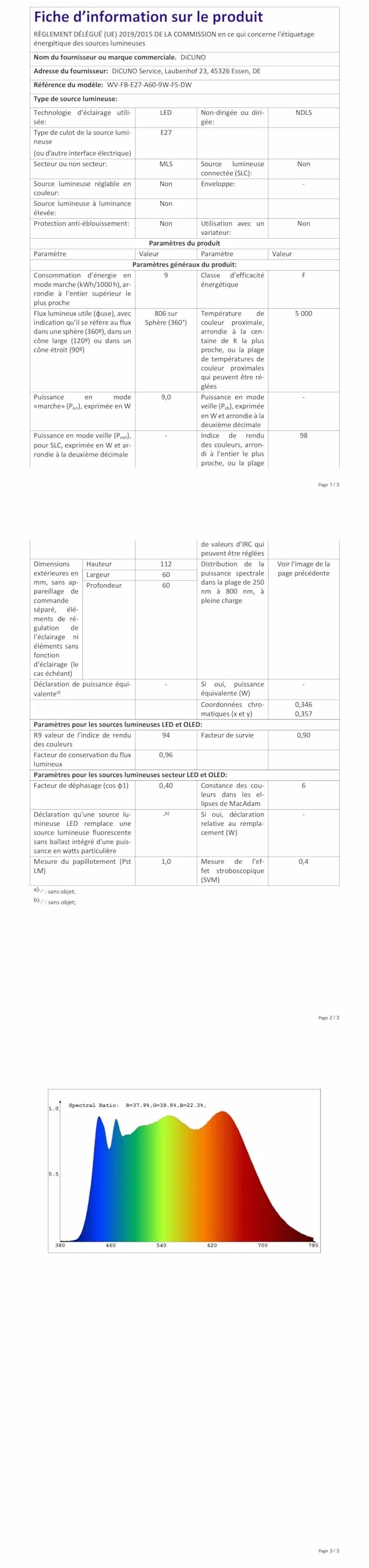 DiCUNO ProOE żarówka LED A60 9 W, oprawka E27, zimna biel, 5000 K, odpowiednik 60 W, 806 lumenów, IRC98, oszczędność energii, nieściemnialna, 100-240 V, zestaw 6 sztuk