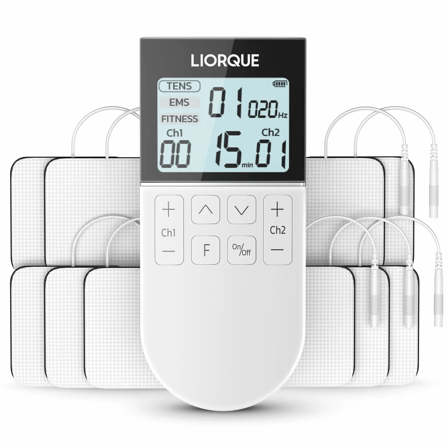 LIORQUE TENS/EMS/FITNESS Elektrostymulator mięśni 3 w 1, 50 trybów, 10 sztuk elektrod TENS, 16 poziomów intensywności do łagodzenia bólu